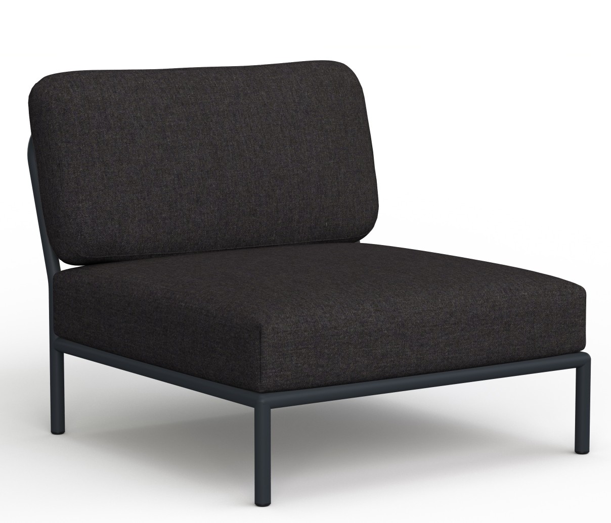 Houe Level Lounge Sessel für den Außenbereich, modernes Design mit anthrazitfarbenem Stoffbezug und Stahlrahmen.