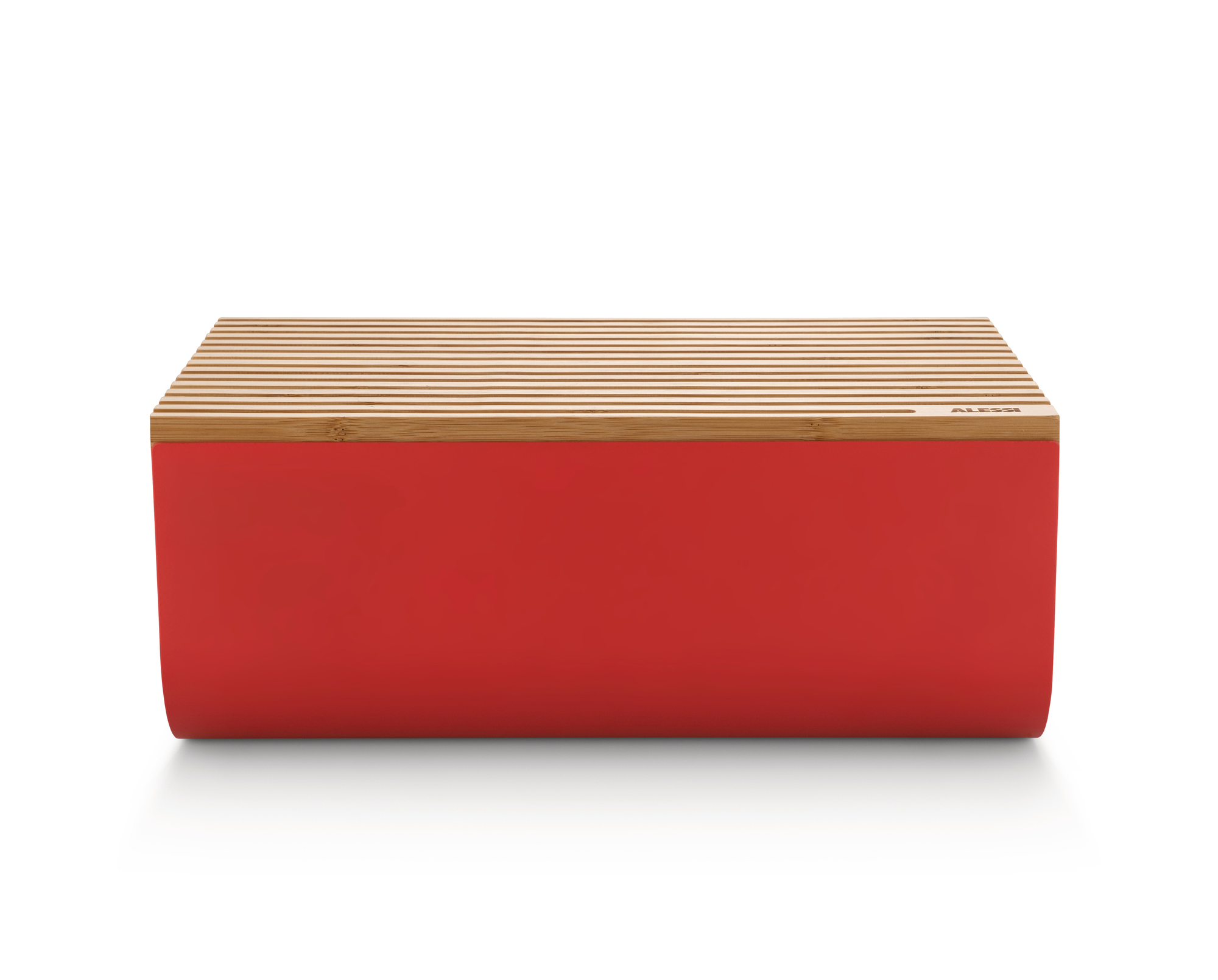 Roter Alessi Brotkasten aus Stahl mit Bambusdeckel für die stilvolle Brotaufbewahrung.