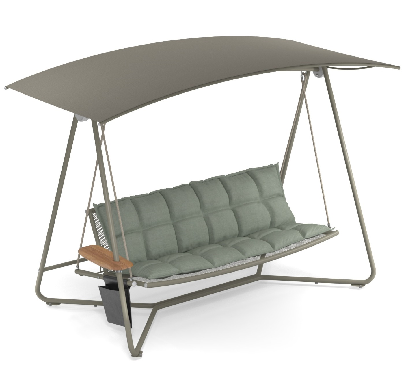 Reel Rocking Sofa Schaukelsofa Outdoor Emu mit grauen Polstern und Sonnendach für den Garten.