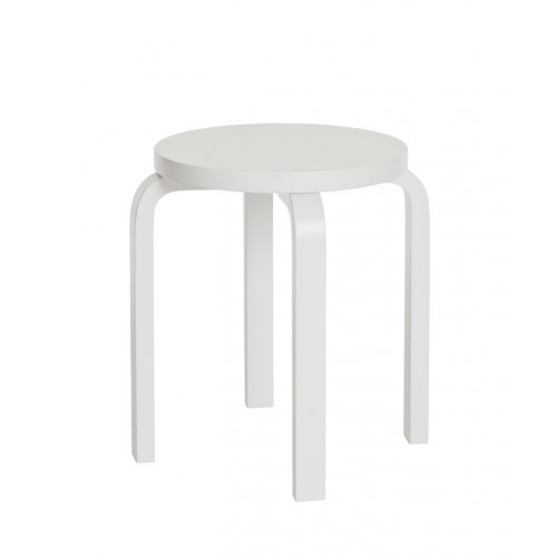 Weißer Artek Hocker E60 mit runder Sitzfläche und vier Beinen aus gebogenem Holz.