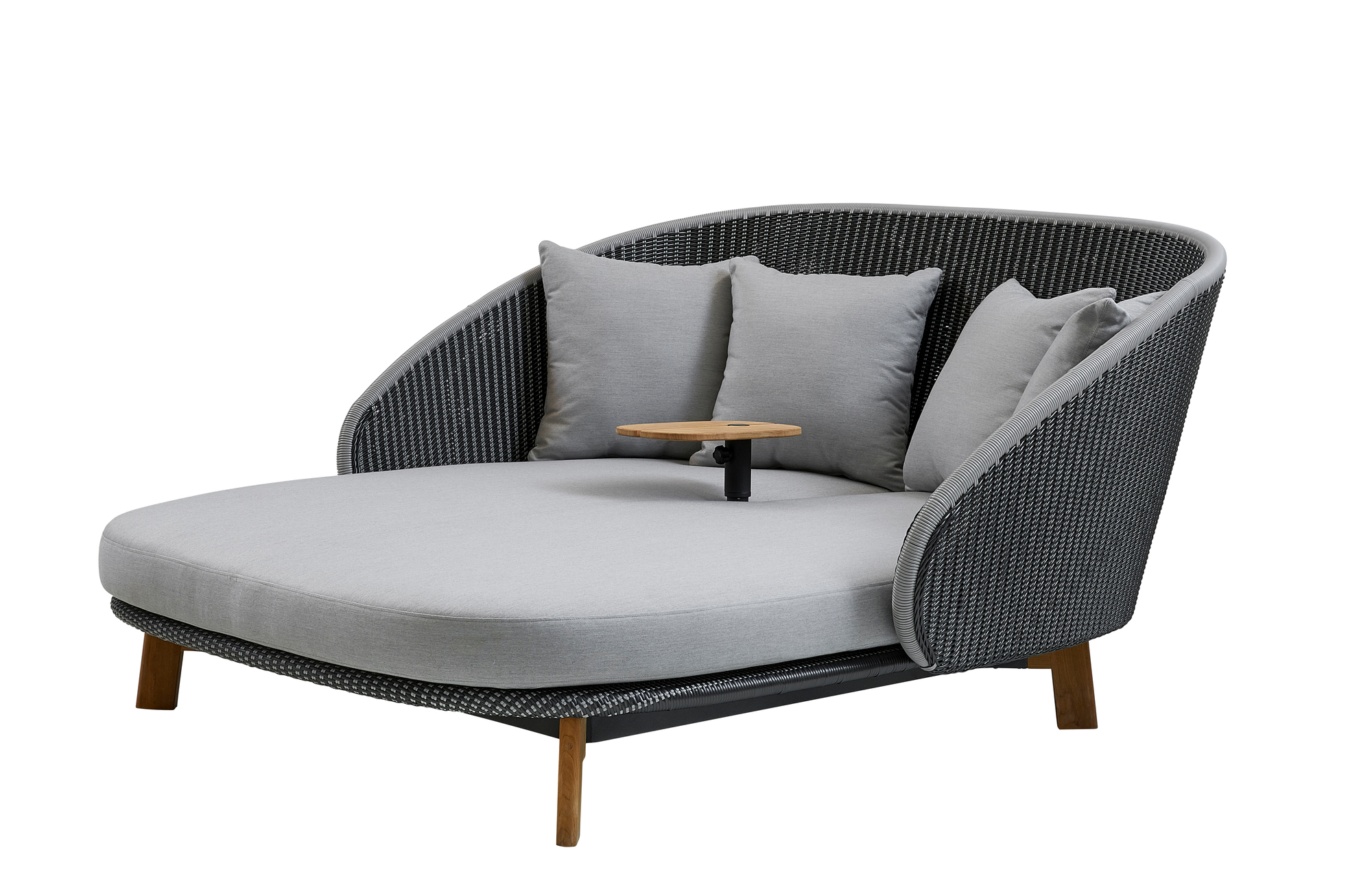 Cane-Line Peacock Outdoor Liege mit Tisch und Kissen, graues Rattan, Gartenmöbel.