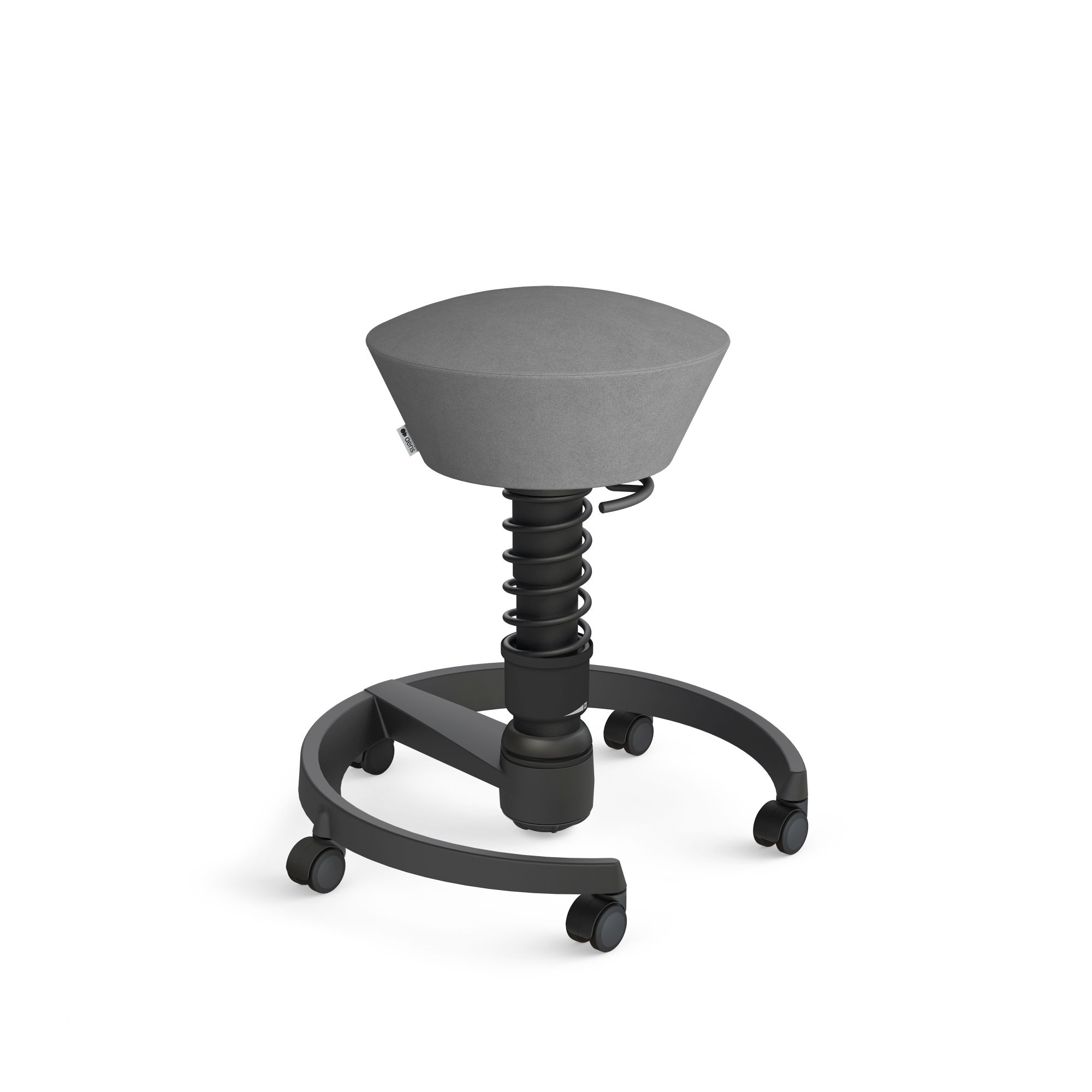 Grauer Bürohocker mit Federung und Rollen von Aeris, ergonomischer Stehhocker für dynamisches Sitzen.