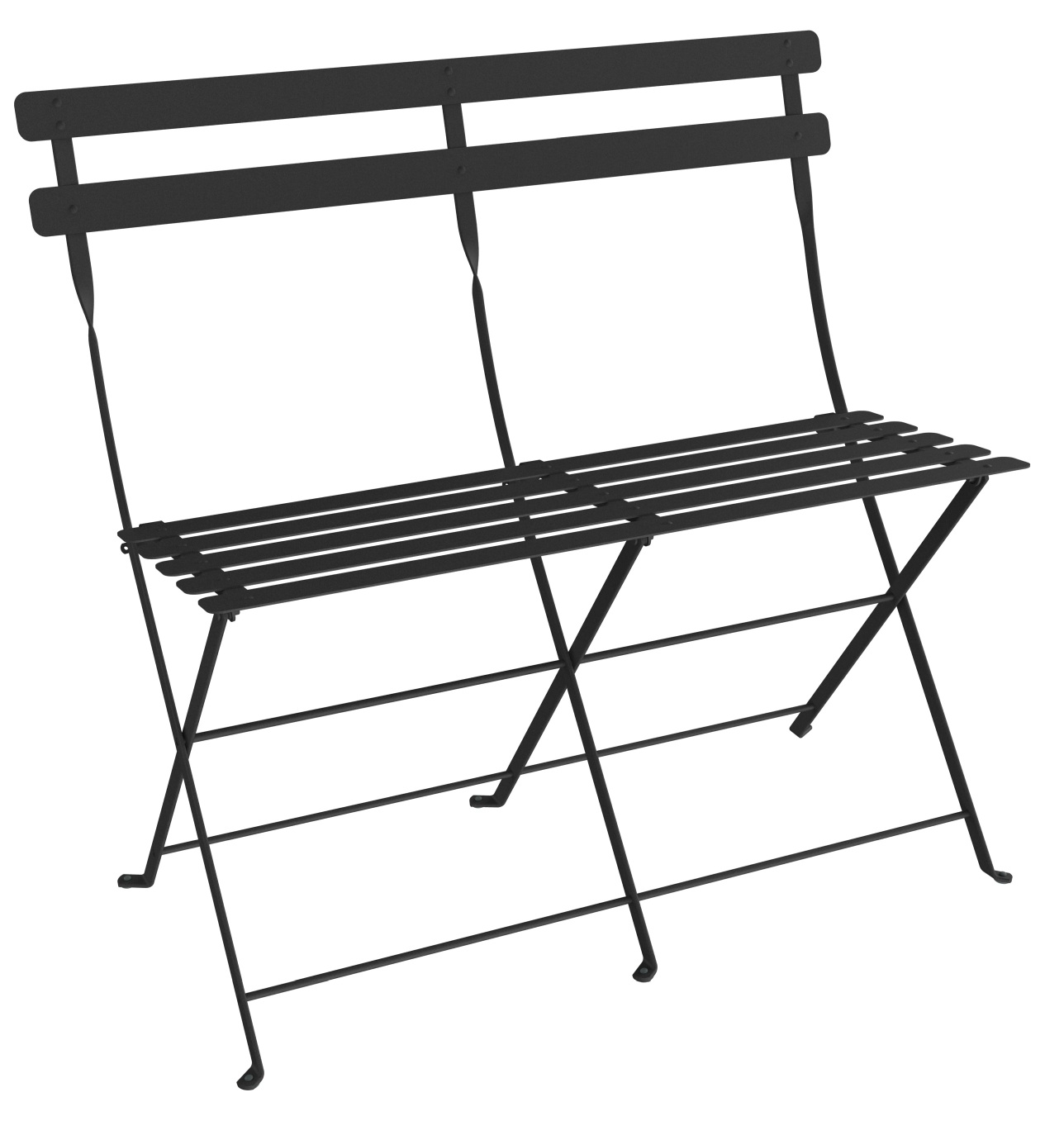 Schwarze Fermob Bistro 2-Sitzer Klappbank für den Garten oder Balkon, ideal für kleine Außenbereiche.