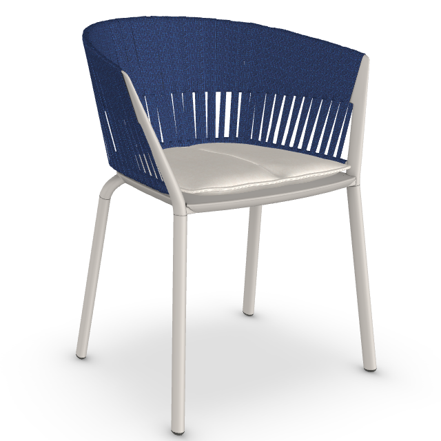 Blauer Ria Stuhl mit weißem Rahmen und Sitzkissen, moderner Designstuhl für Wohnzimmer oder Terrasse.