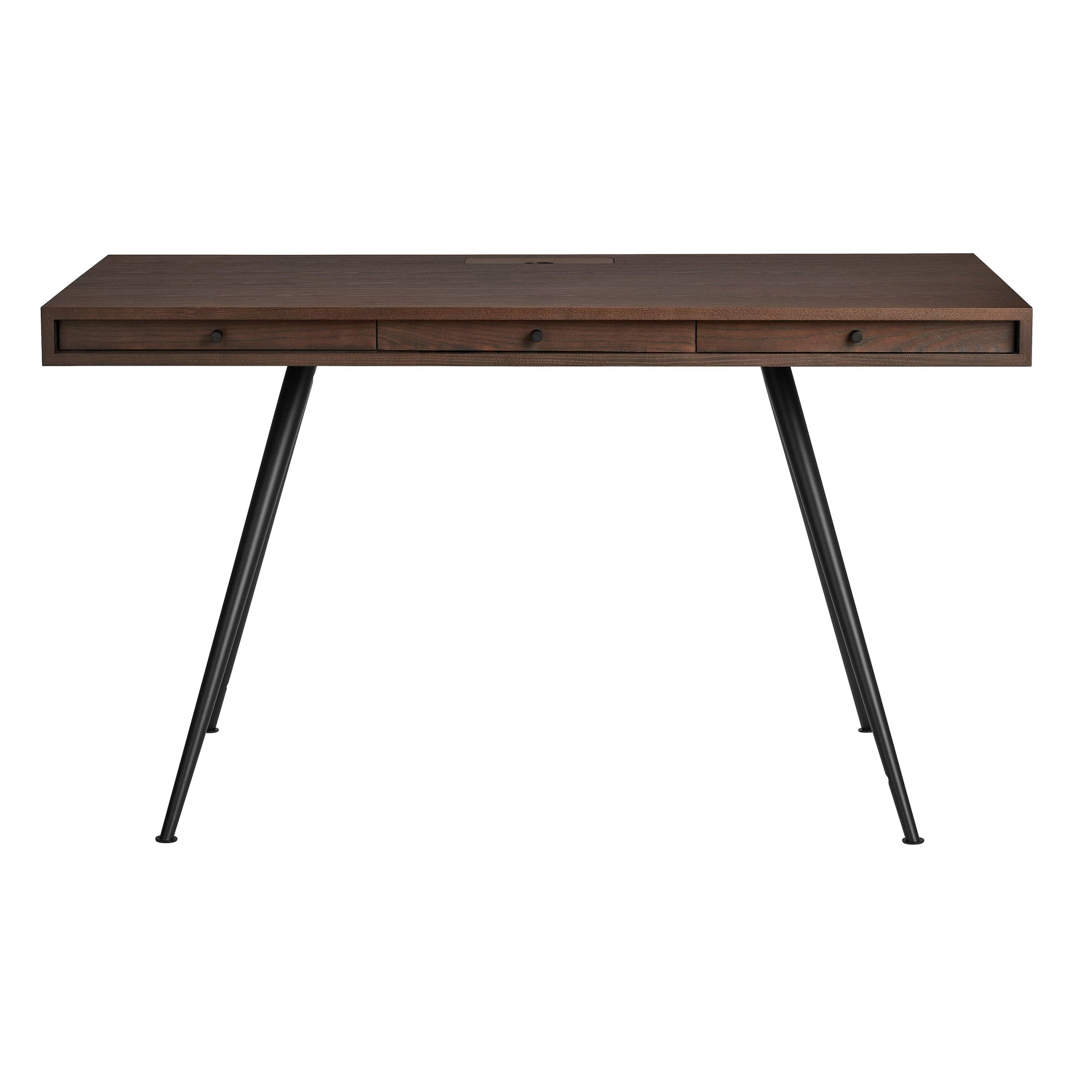 JFK Schreibtisch mit drei Schubladen und schwarzen, schrägen Beinen. Moderner Bürotisch aus Holz.