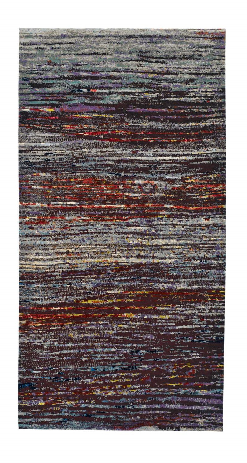 Legends of Carpets Teppich Walter Knoll: Moderner Wollteppich mit abstraktem Streifenmuster in Grau, Rot und Braun.