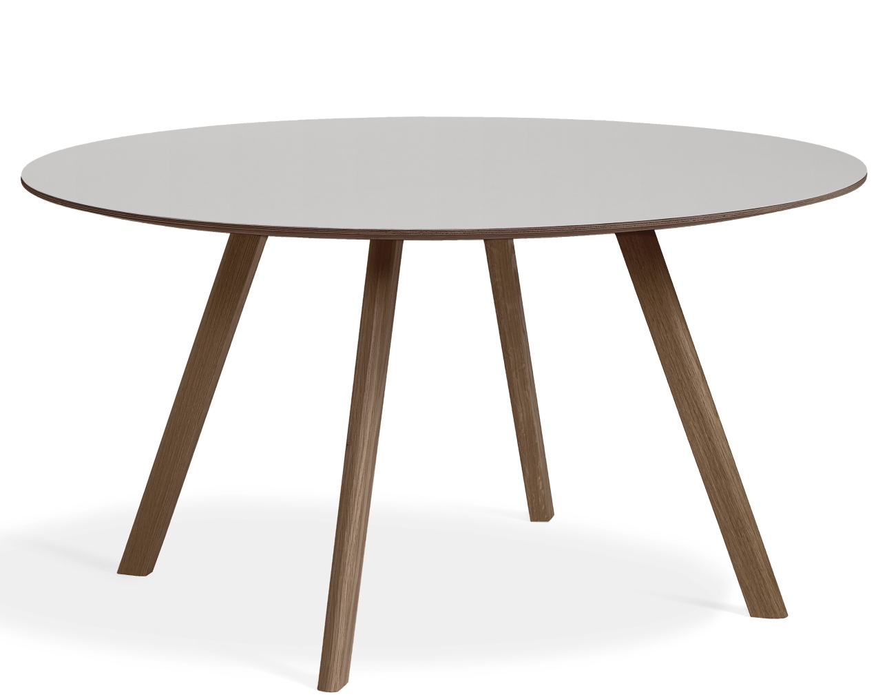 Runder Copenhague Table CPH 25 Tisch von Hay mit grauem Tischblatt und Holzbeinen.