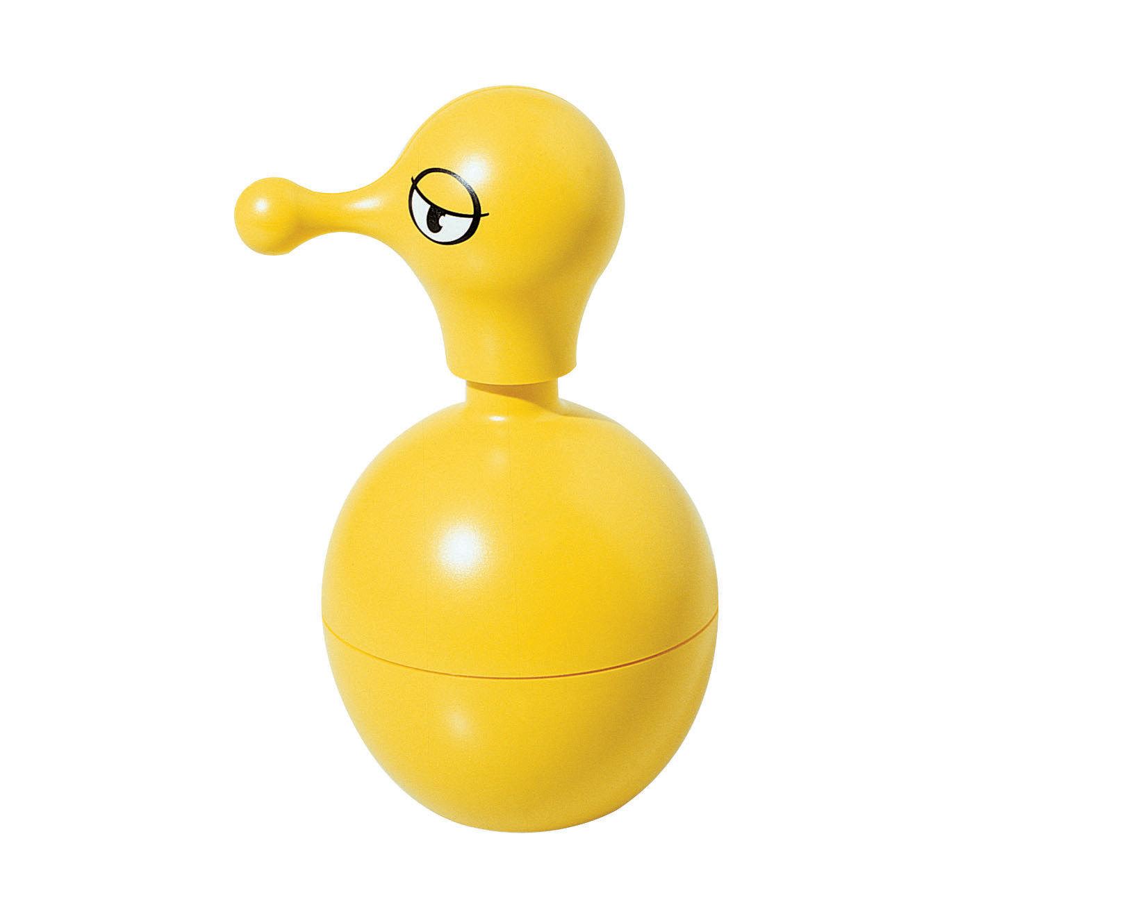 Gelber Alessi Mr. Cold Seifenspender mit Cartoon-Gesicht, moderner und lustiger Spender für Badezimmer.