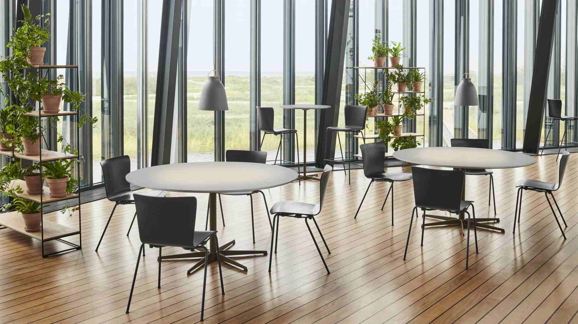 Helle Büroraum-Szene mit Fritz Hansen Tischen und Stühlen, ideal für Konferenzräume und moderne Arbeitsplätze.