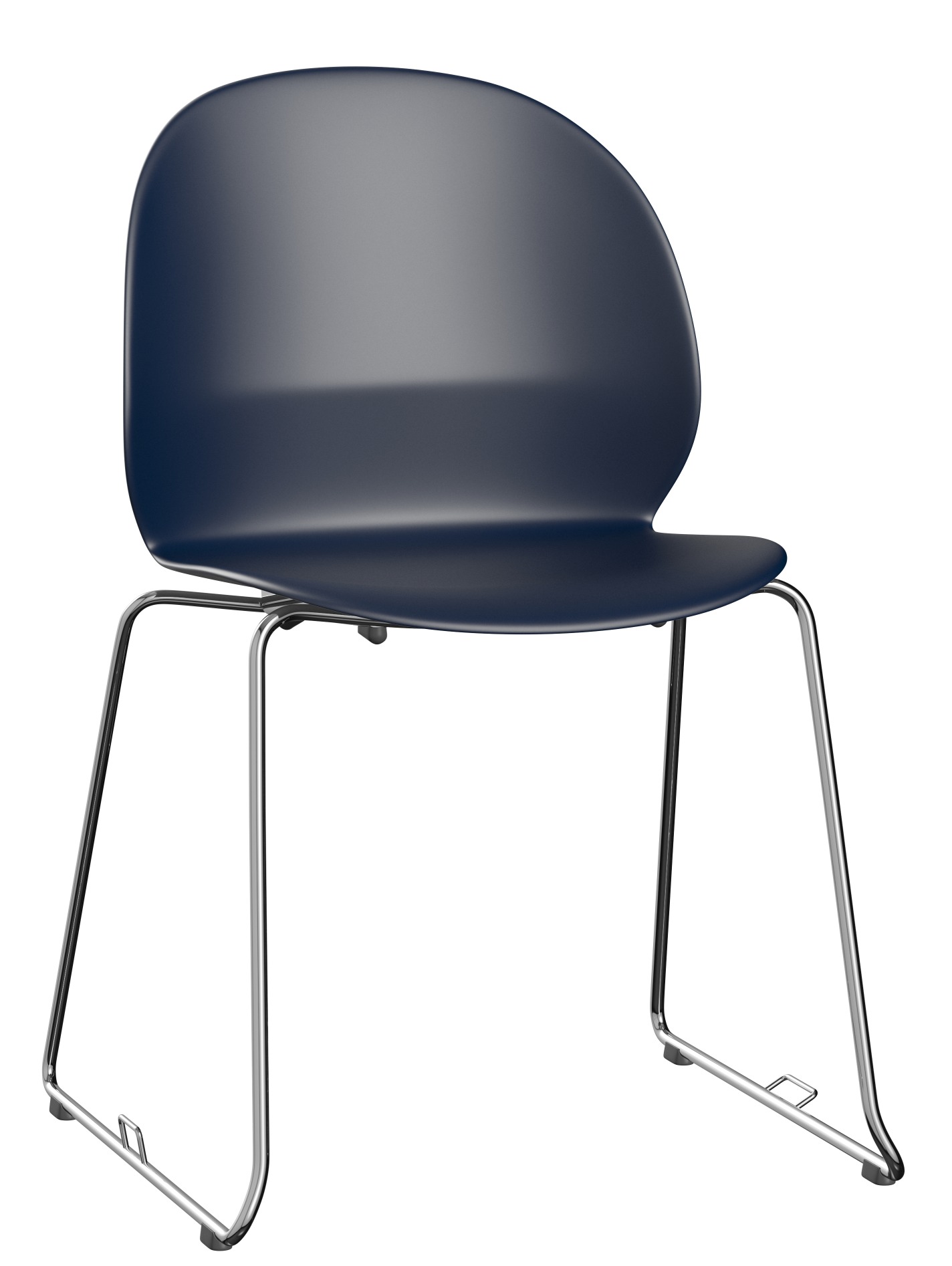 Fritz Hansen N02 Recycle Stuhl in Dunkelblau mit verchromtem Stahlgestell, Frontansicht.