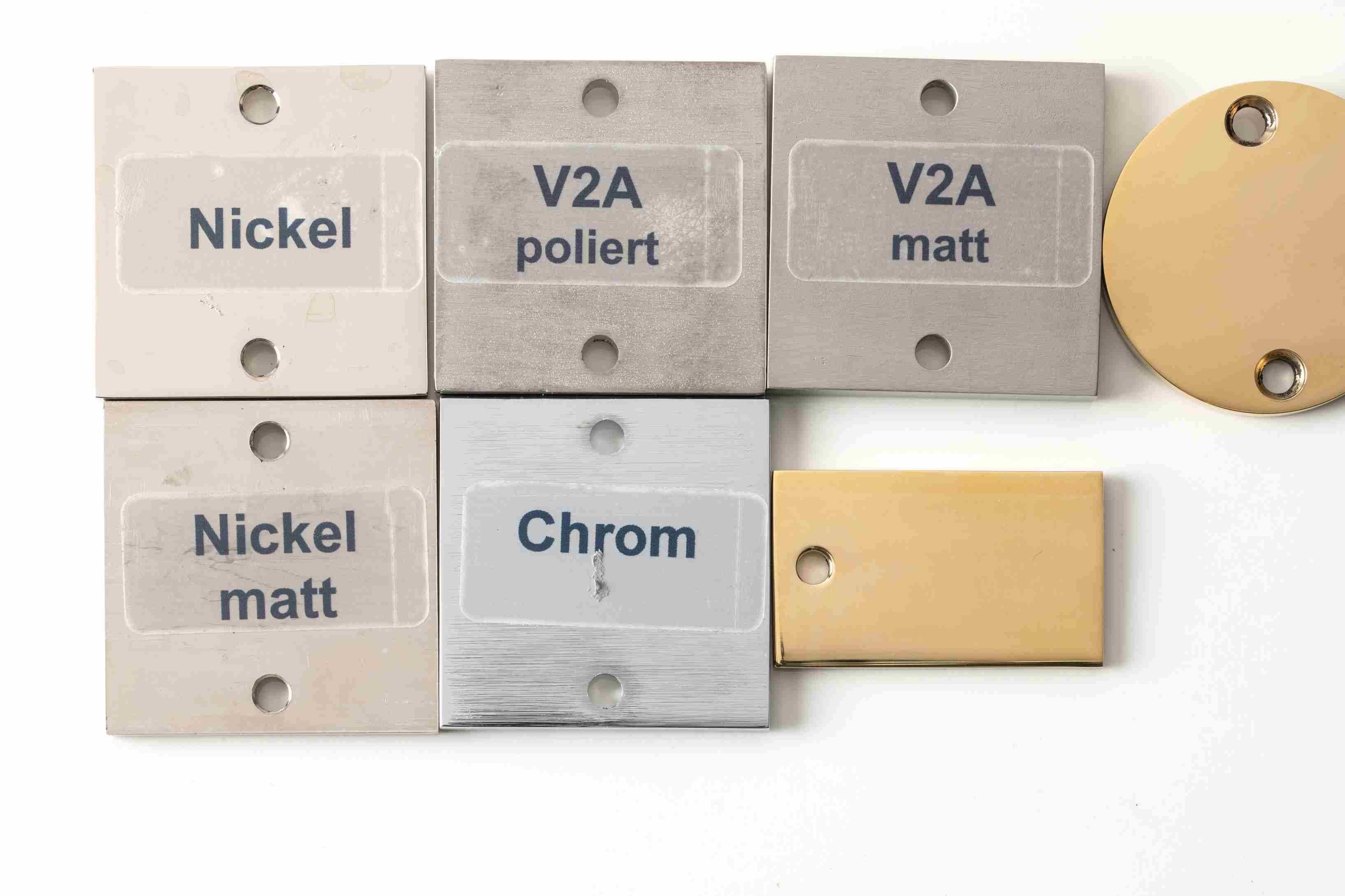 Muster von Oberflächen für Art Déco Türdrücker Tecnolumen: Nickel, Chrom, V2A poliert und matt.