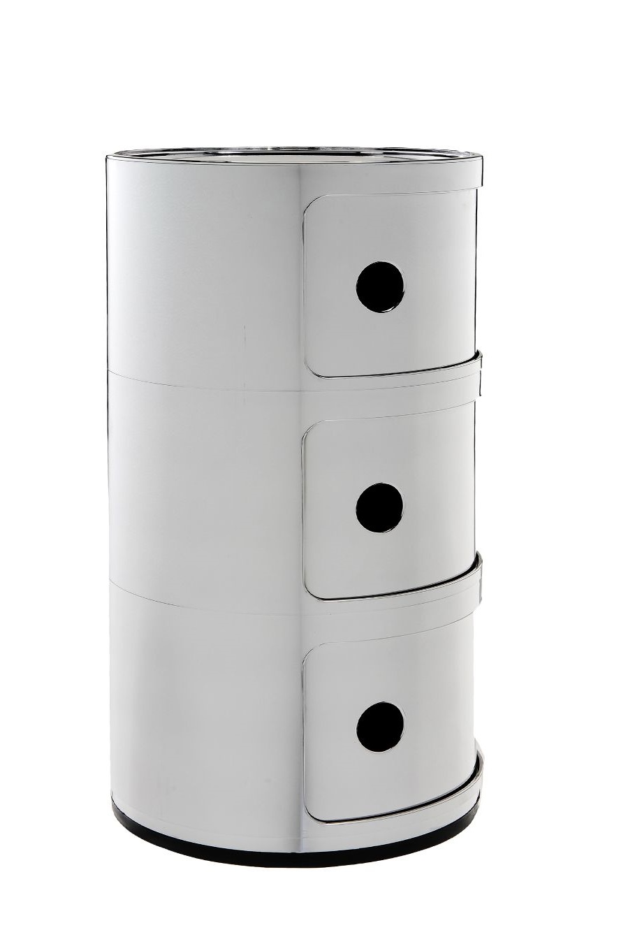 Kartell Componibili 3er Element in Metall-Optik, runder Nachttisch mit drei Fächern und schwarzen Griffen.