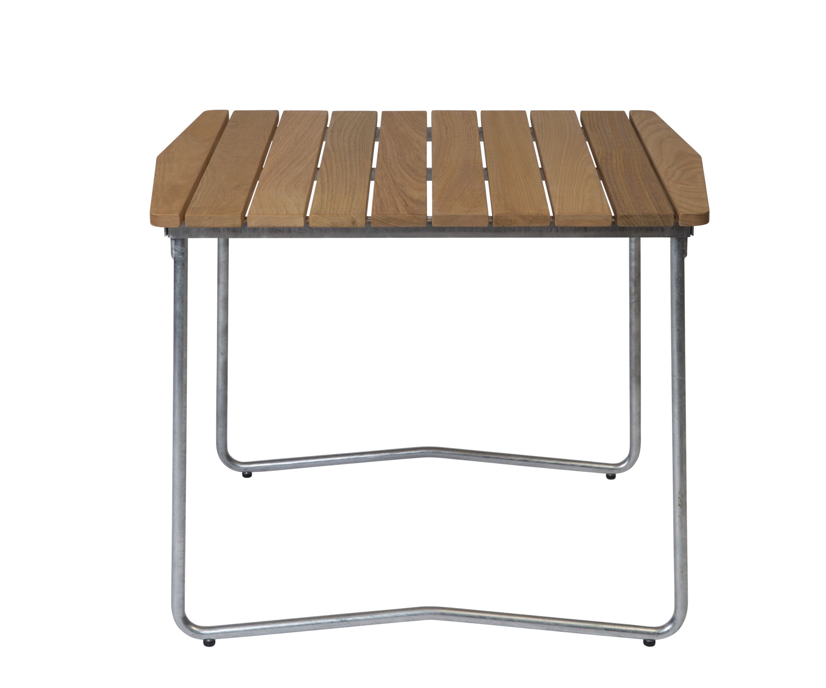 Grythyttan Stalmöbler B31 Eiche Tisch mit Stahlgestell, Gartentisch für den Außenbereich, Detailaufnahme.