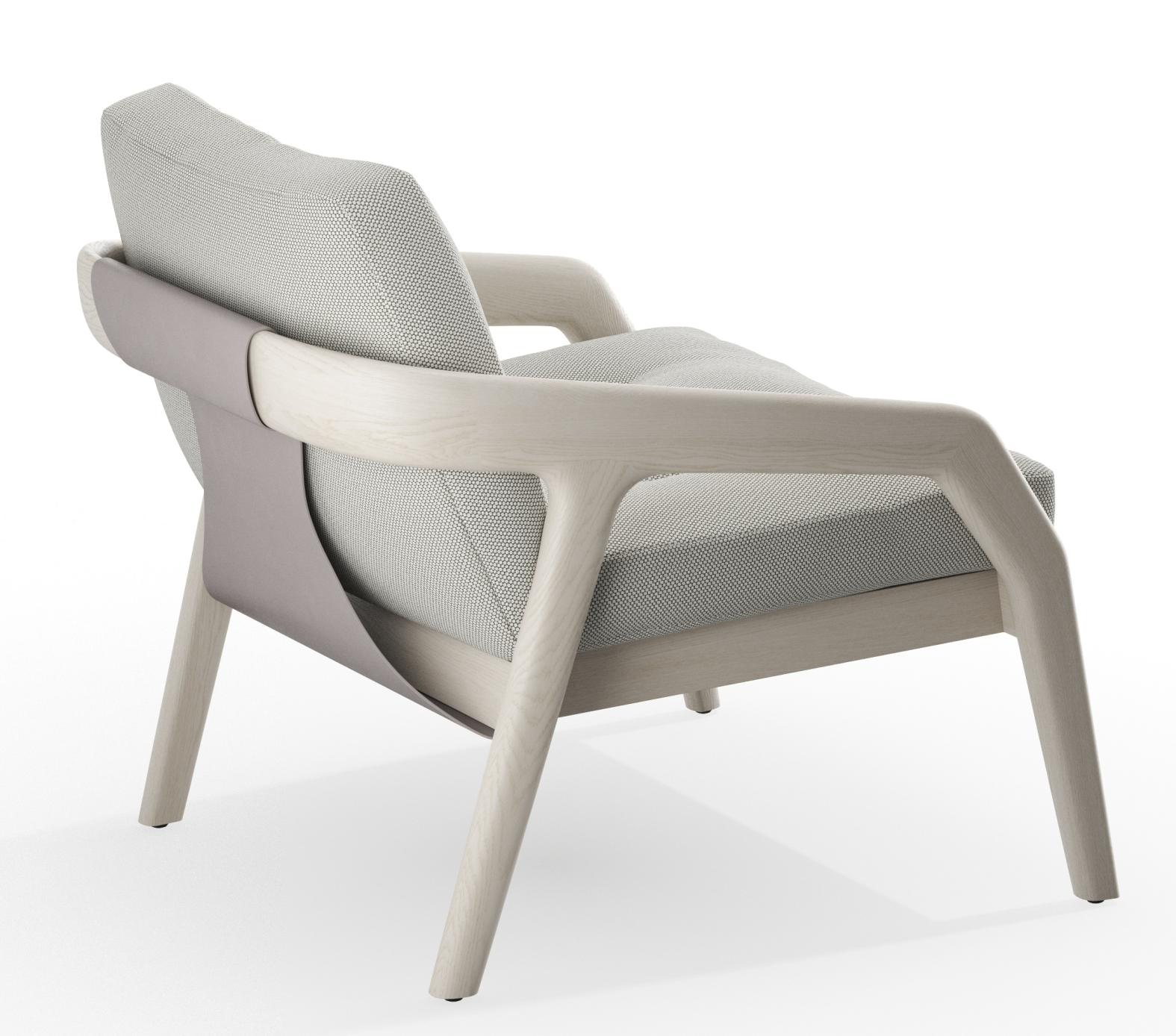 Friday 1 Sessel mit hellgrauem Stoffbezug und hellem Holzrahmen, modernes Möbeldesign für Wohnzimmer.