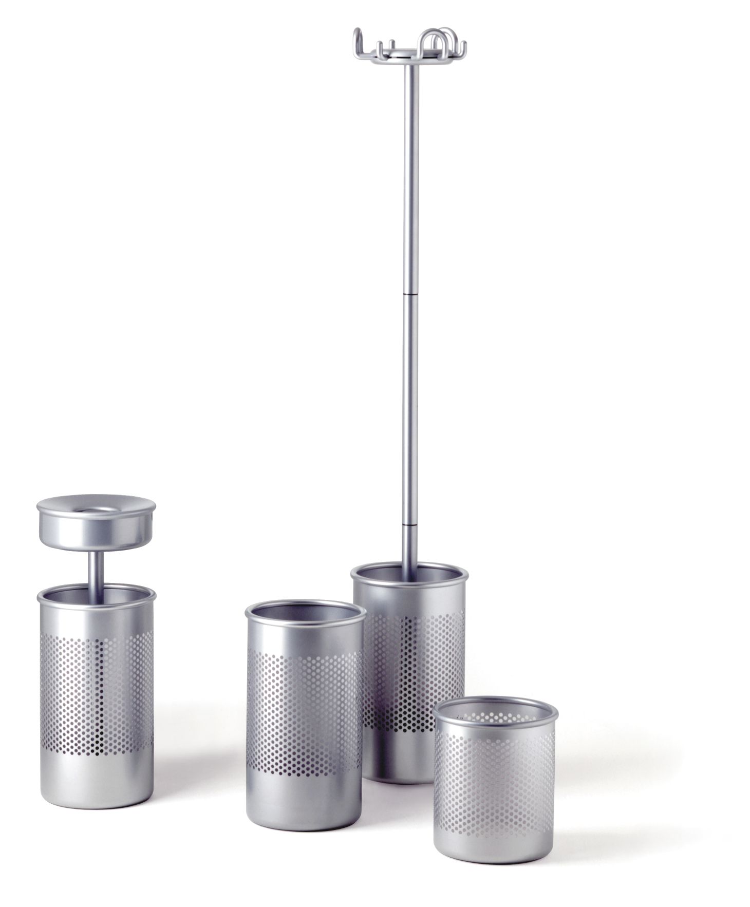 Silberner Cribbio Schirmständer und Papierkorb von Rexite, perforiertes Metall, modernes Design für Büro und Zuhause.