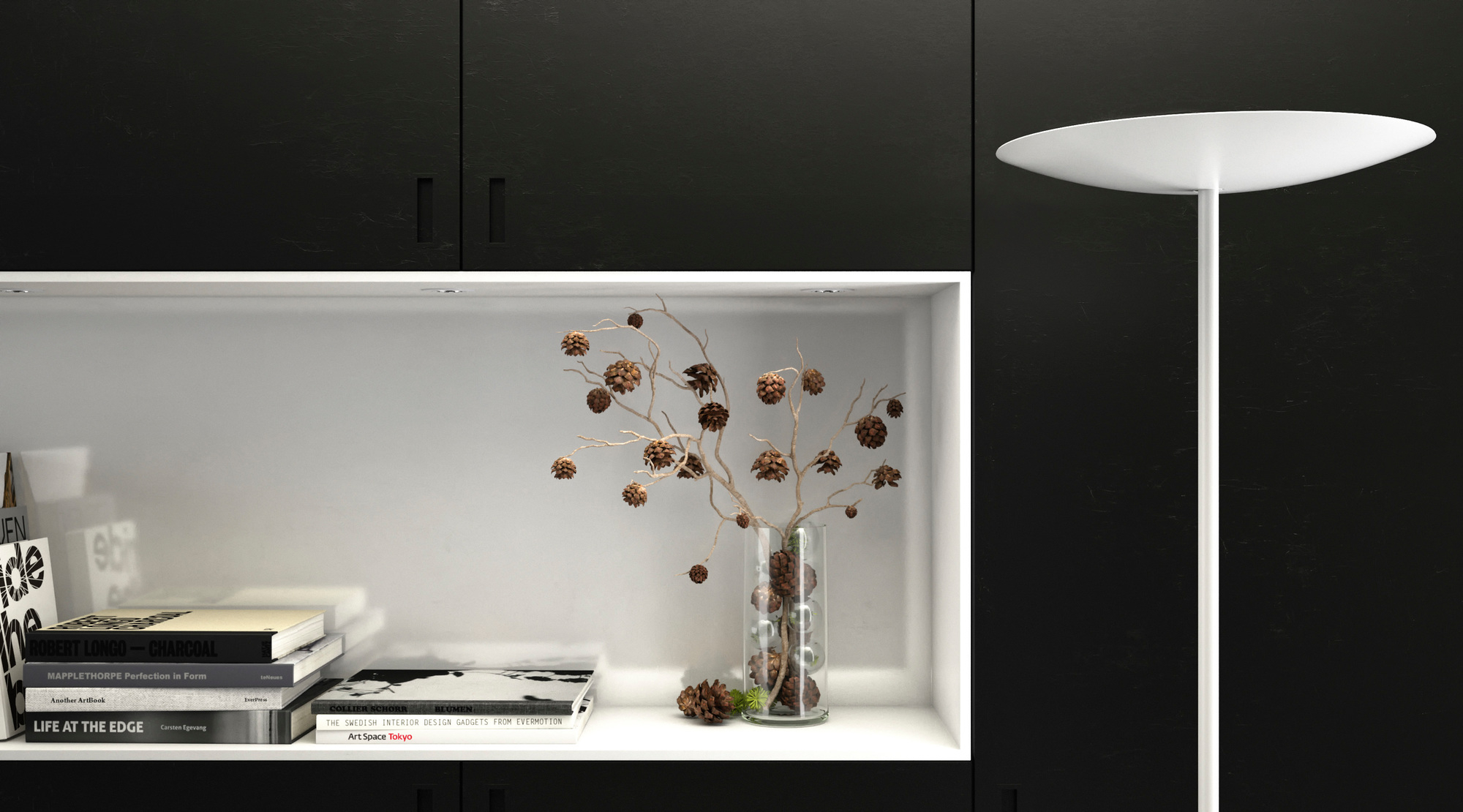Weiße Classic LED Stehleuchte Belux im modernen Wohnzimmer mit Bücherregal und dekorativer Vase.