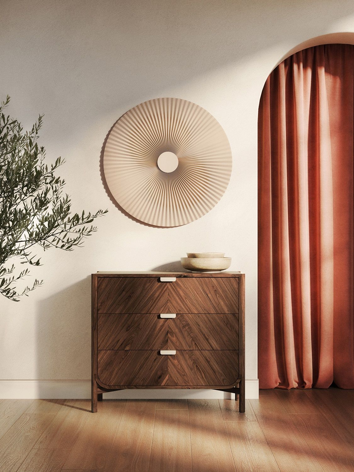 Nahaufnahme der Hartô Carmen Wandleuchte, einer runden Designlampe in einem stilvollen Interieur.