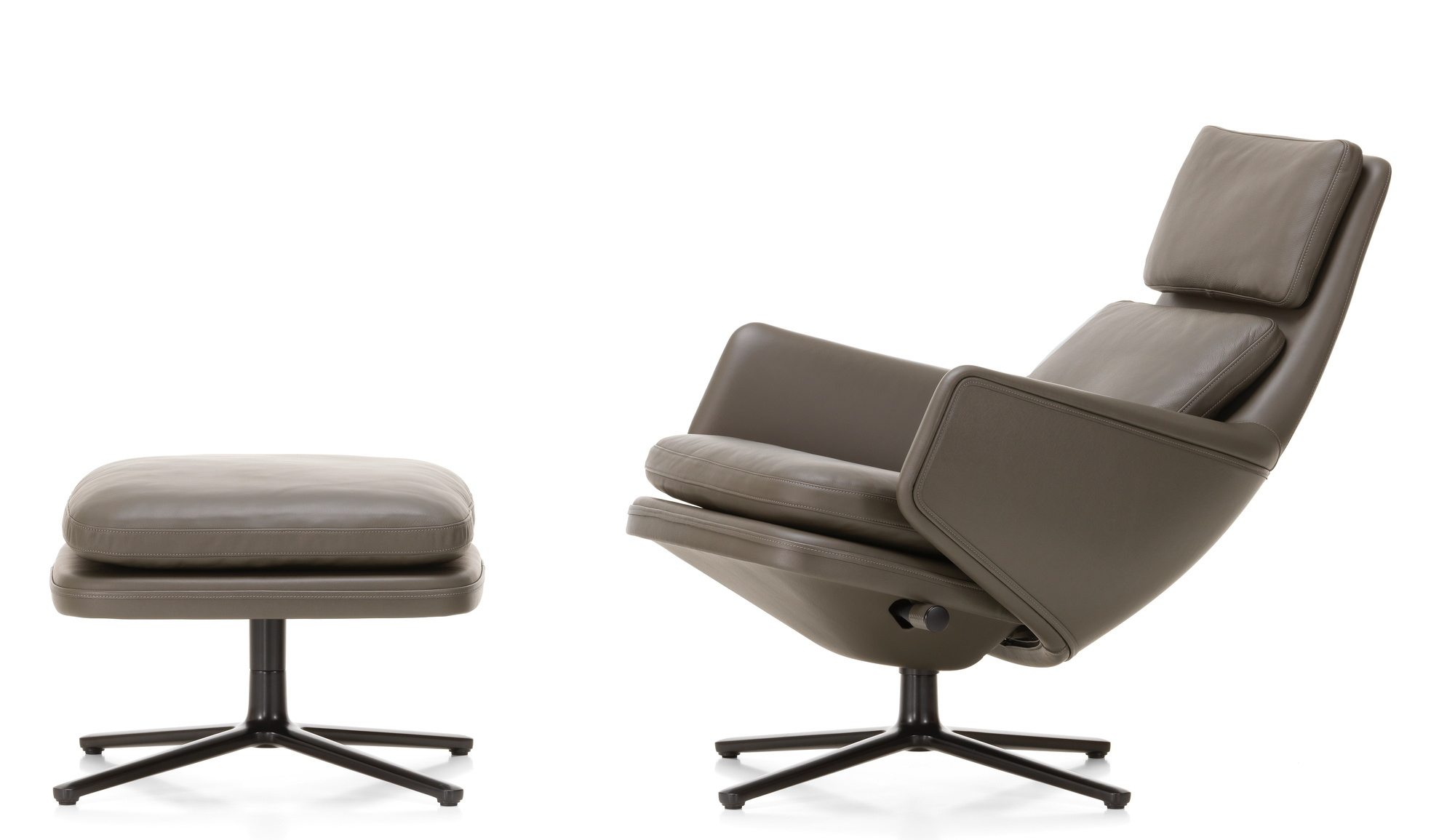 Vitra Grand Relax Sessel mit Ottoman in braunem Leder, moderner Relaxsessel für Wohnzimmer.