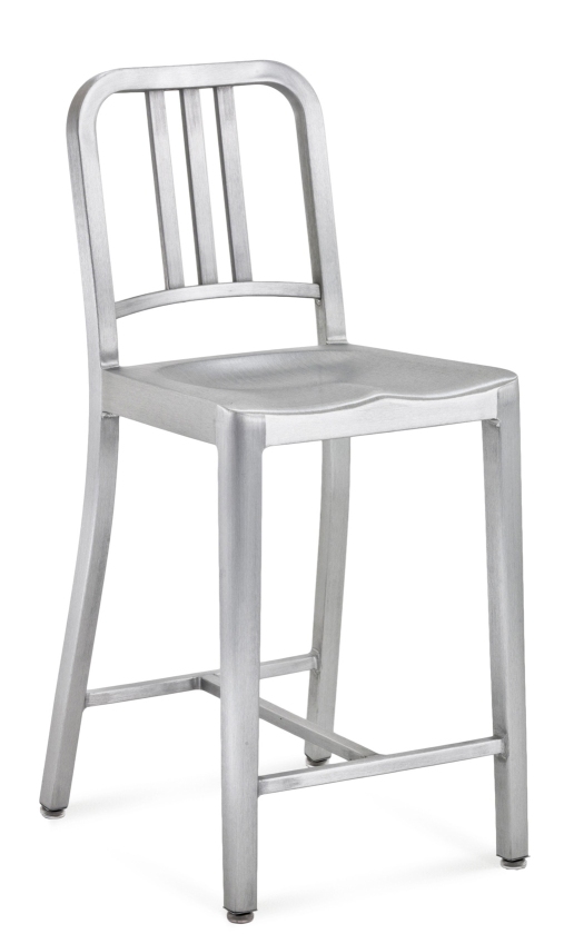 Navy Counterstool Barhocker von Emeco aus gebürstetem Aluminium, ideal für Küche und Bar.