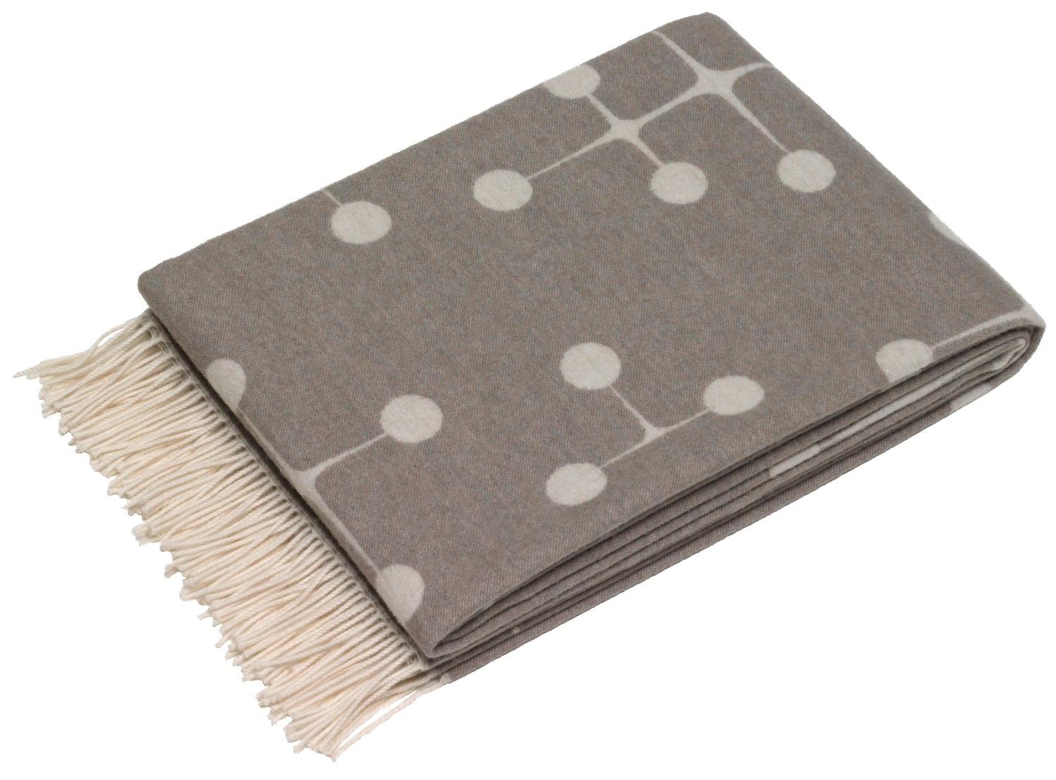 Gefaltete Eames Wolldecke mit Punktmuster von Vitra, grau mit Fransen.