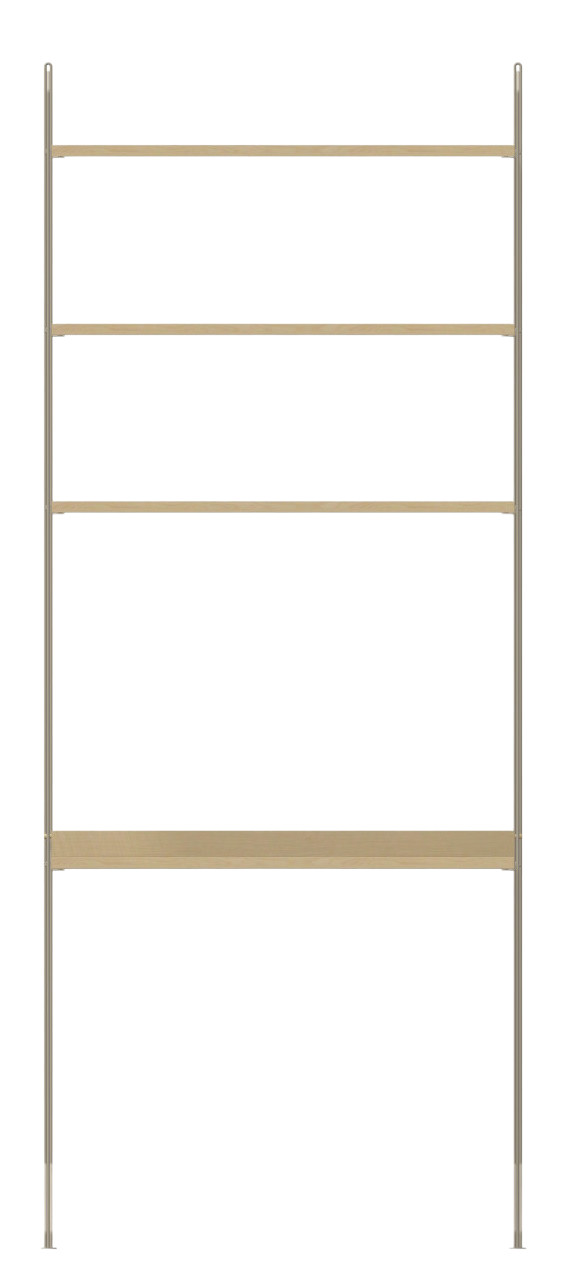 Arbeitsplatz KONFIGURATIONEN W1 String Furniture: Regalsystem mit vier hellen Holzregalböden und grauen Metallleitern.