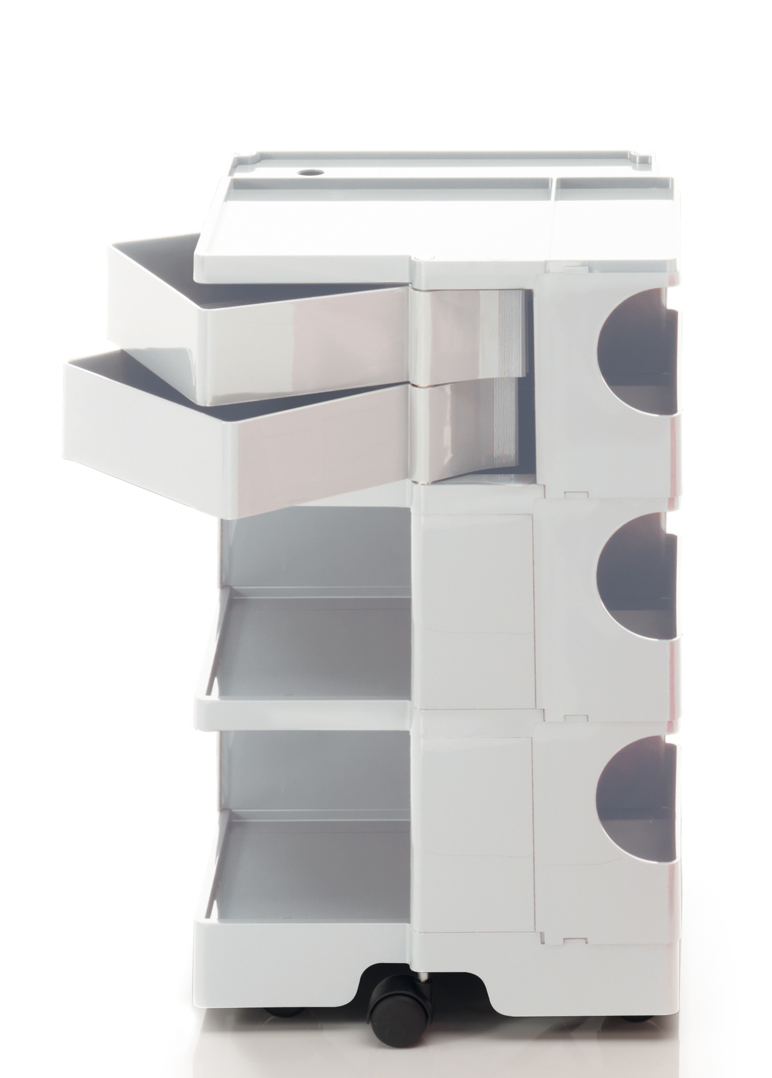 Weißer Boby Rollcontainer mit Schubladen und Ablagefächern, ideal für Büro und Werkstatt.
