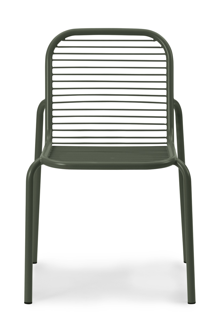 Vorderansicht des grünen Vig Chair Stuhls von Normann Copenhagen, ideal für den Außenbereich.