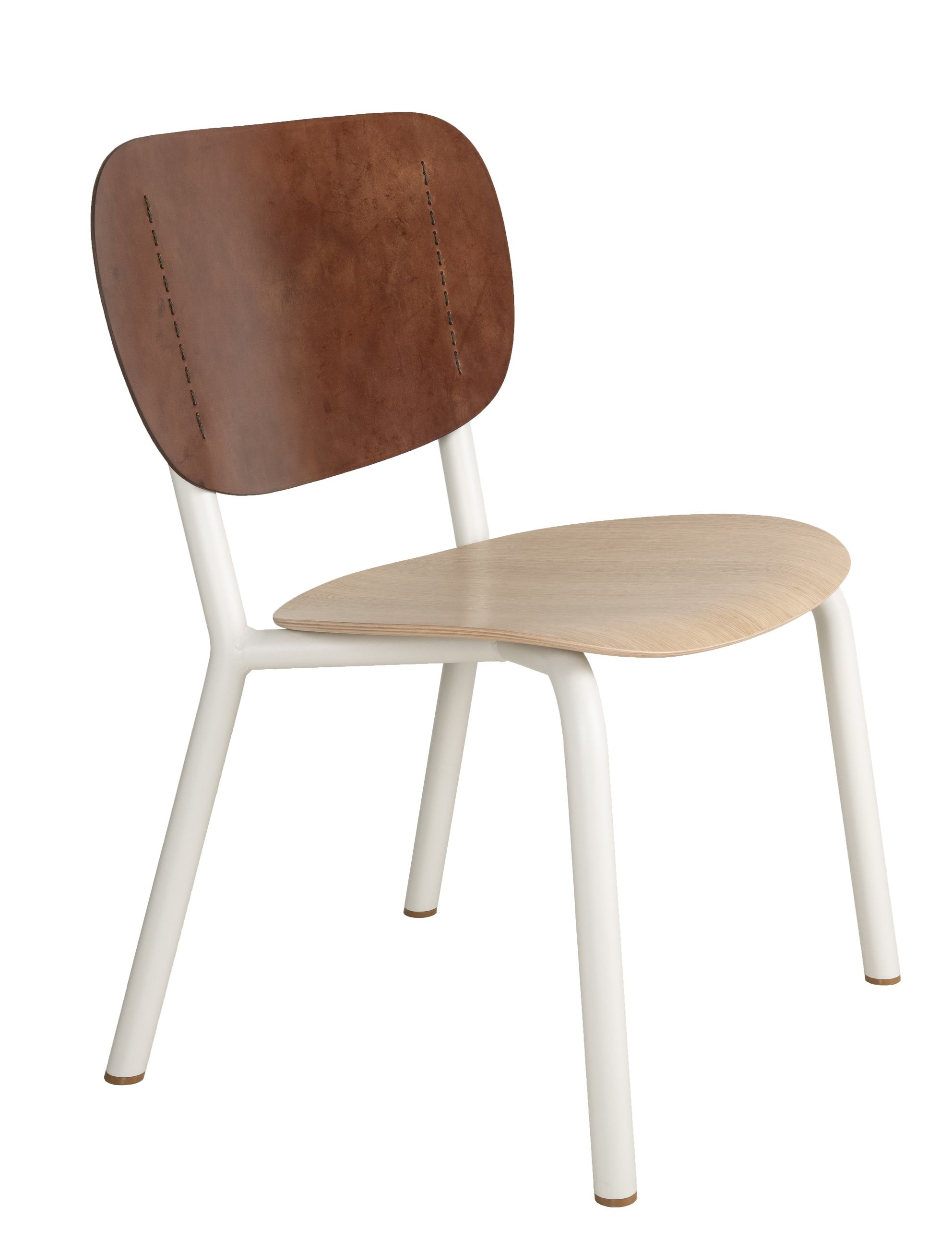 Emil Rosi Chair Stuhl Functionals mit brauner Leder Rückenlehne und hellem Holz Sitzfläche auf weißem Metallgestell.