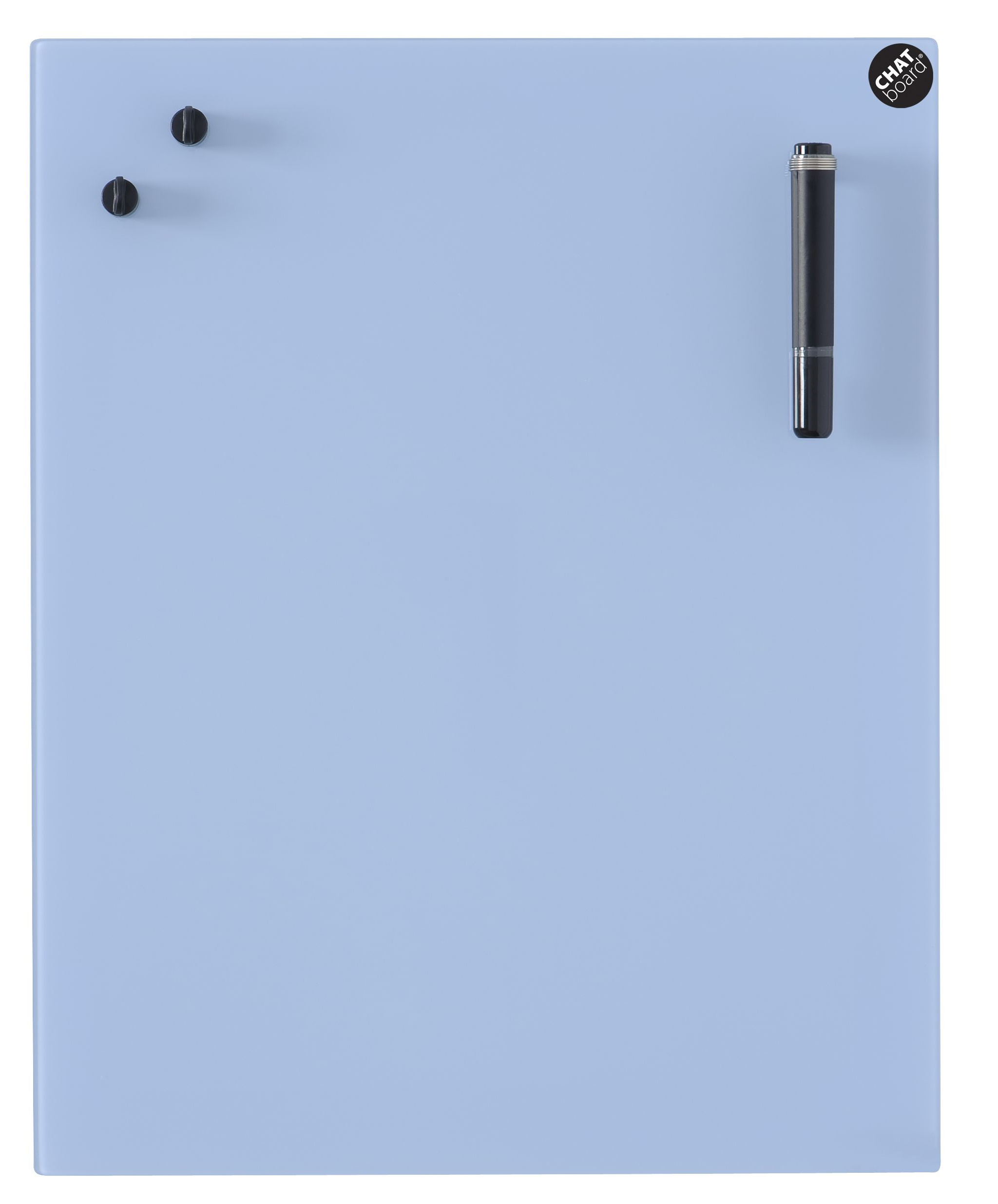 Hellblaue Chat Board Classic Glastafel für die Wand mit Stift und Magneten.