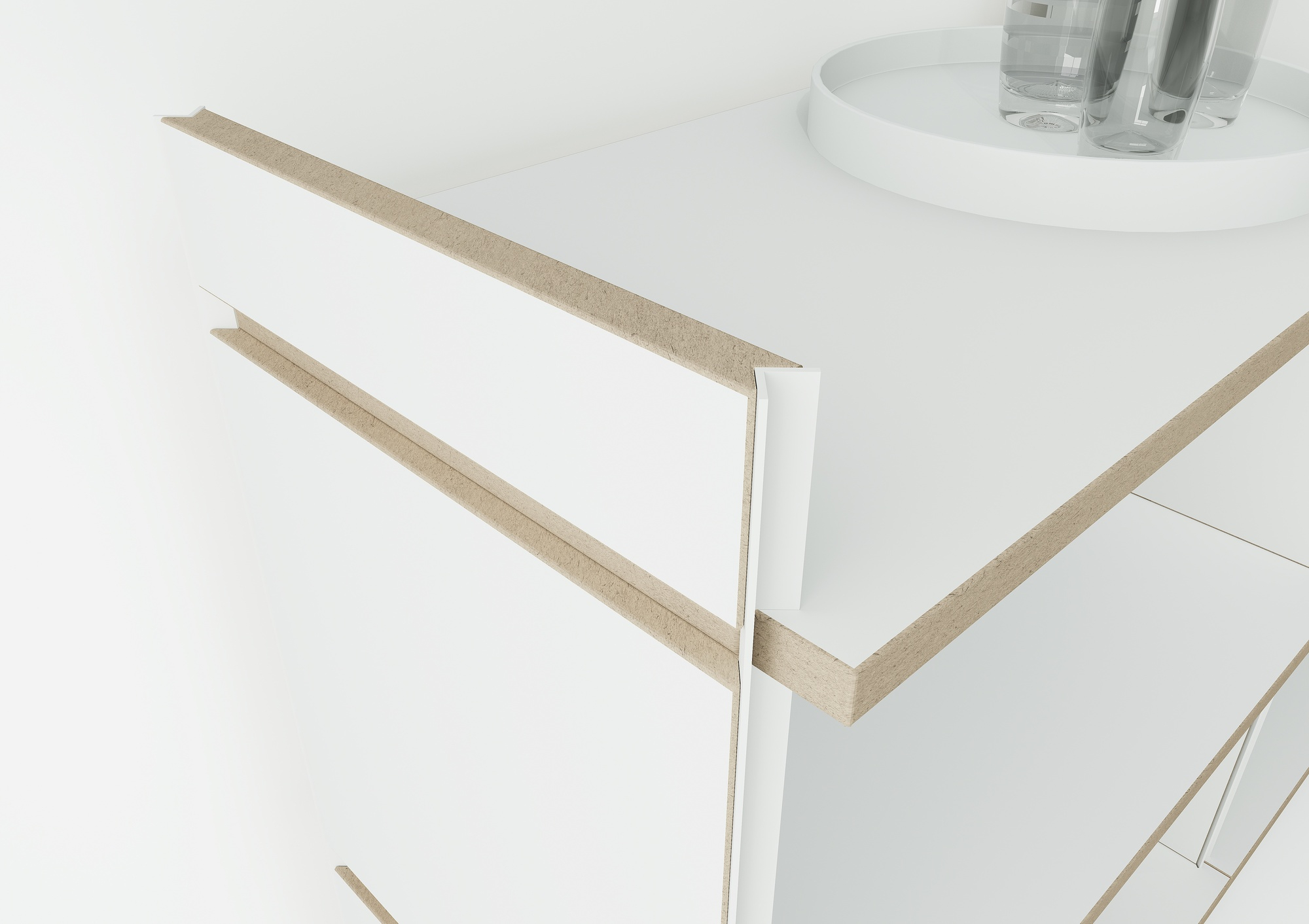 Detailansicht des Tojo Mehrfach Regal Grundmoduls in Weiß, modernes modulares Regalsystem für Wohnraum.