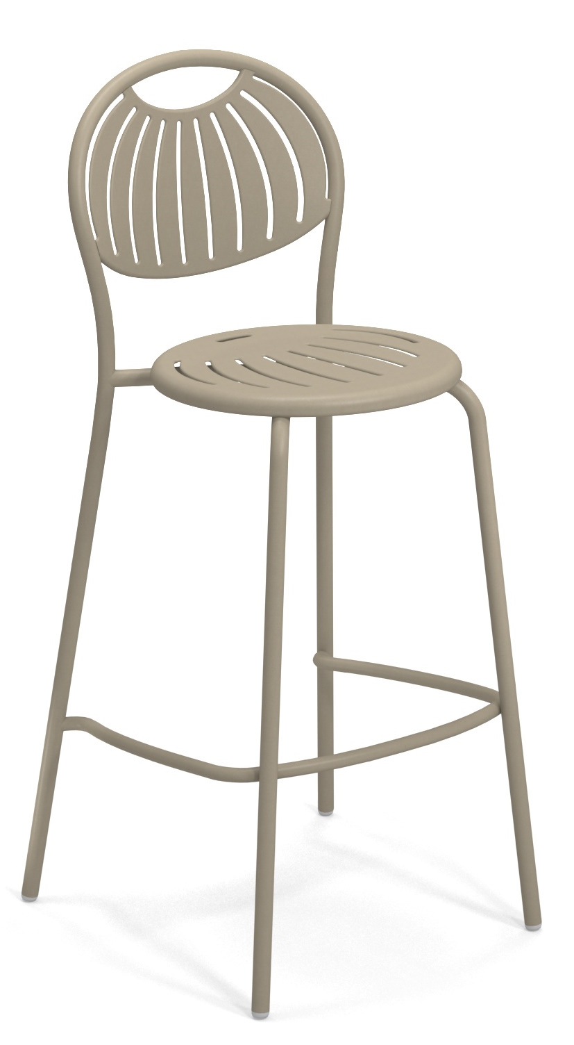 Coupole Barstool Barhocker von Emu für den Außenbereich, aus beigem Metall mit runder Sitzfläche.