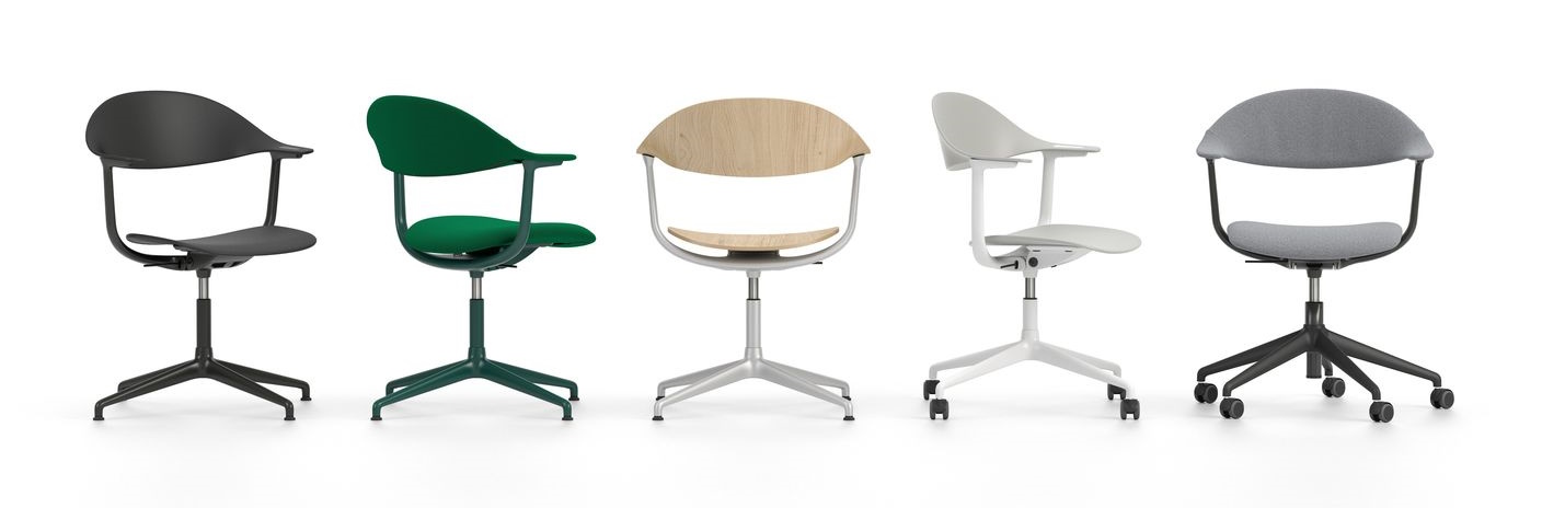 Mynt Bürodrehstühle von Vitra mit Holz, Stoff und Kunststoff in verschiedenen Farben.
