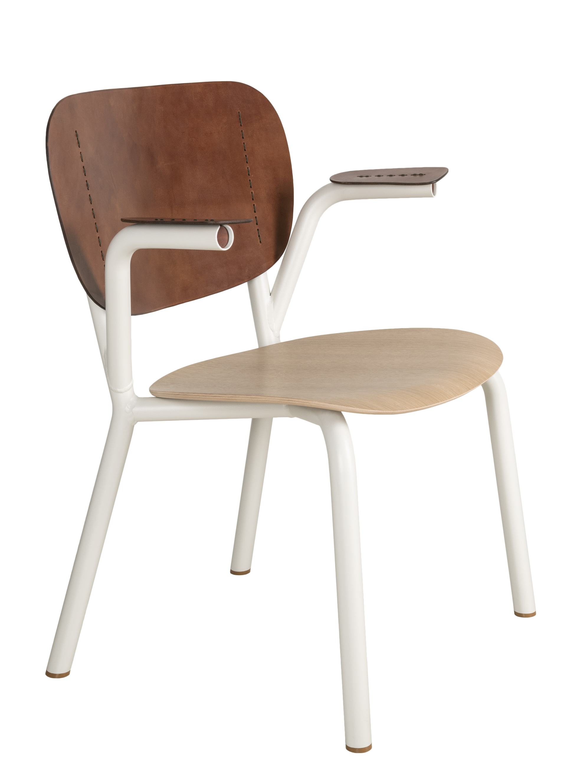 Emil Rosi Armchair Stuhl mit Armlehne von Functionals, Holz, Leder und weißem Metallgestell.
