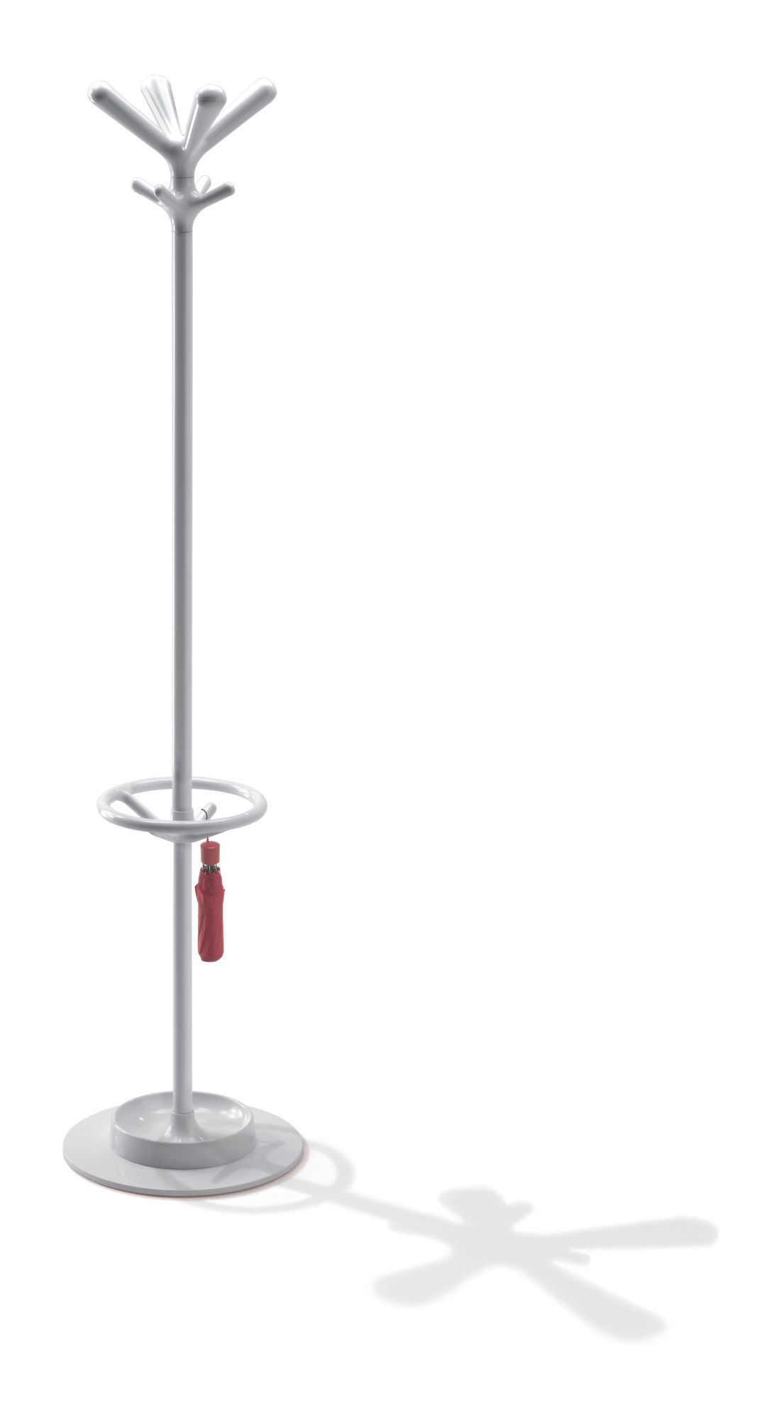 Weißer Pop Kleiderständer von Rexite mit Schirmhalter und rotem Regenschirm, freistehend für Flur und Garderobe.