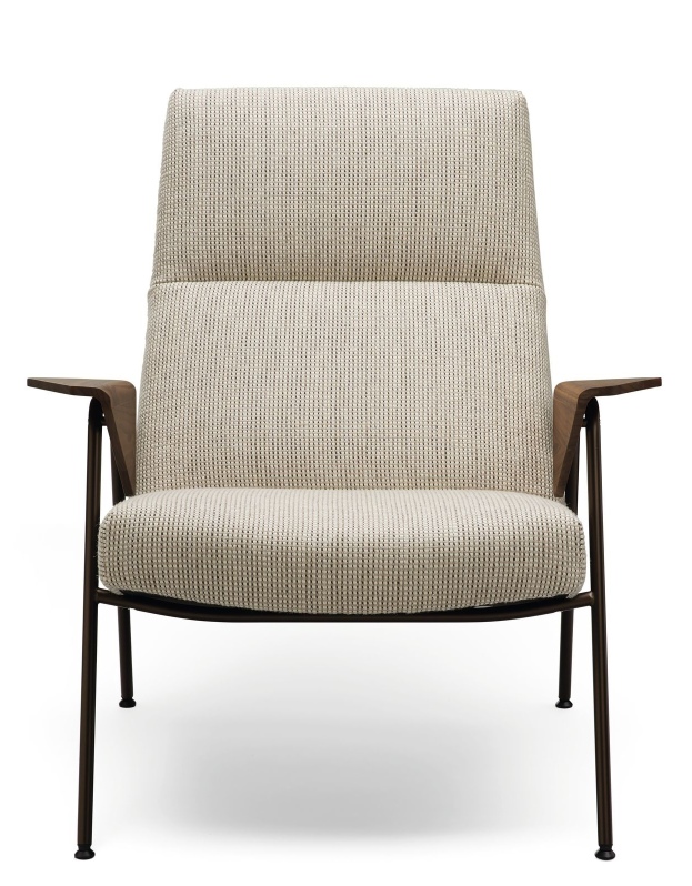 Walter Knoll Sessel 367/368 Votteler Chair mit beigem Stoffbezug und dunklem Metallgestell, Frontansicht.