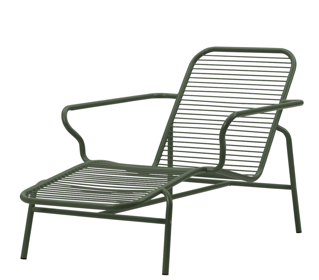 Grüne Vig Chaise Longue von Normann Copenhagen, moderne Outdoor Liege mit Armlehnen und Stahlgestell.