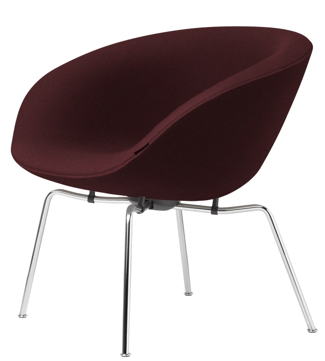 Burgunderroter Pot Sessel von Fritz Hansen mit verchromten Beinen. Moderner Design Sessel für Wohnzimmer und Büro.