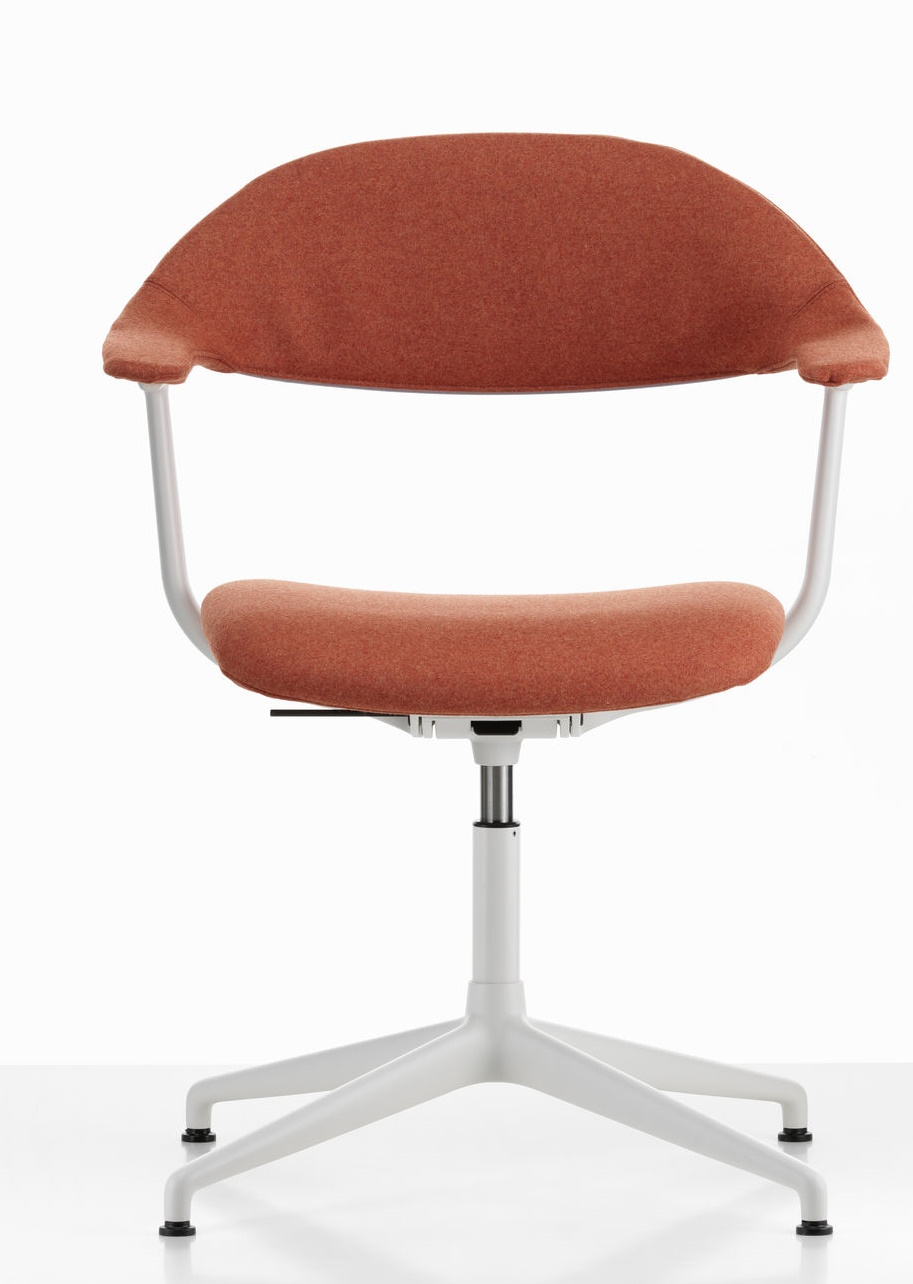 Mynt Bürostuhl von Vitra, orangefarbener Drehstuhl mit Kunststoffrücken und Sitz, weißes Fußkreuz für das Büro.