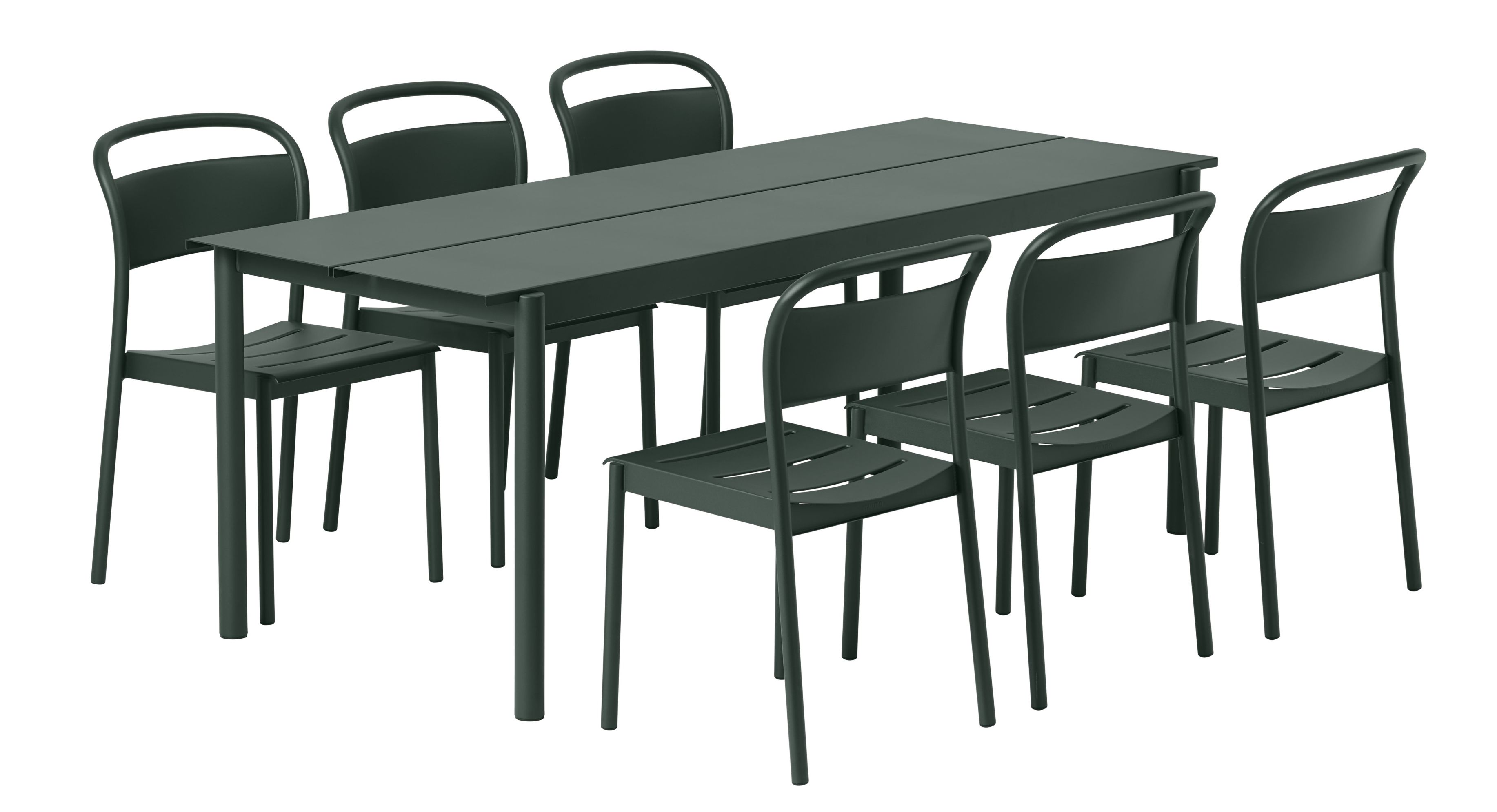 Grauer Linear Steel Outdoor Tisch 200x75 cm von Muuto mit sechs passenden Stühlen.