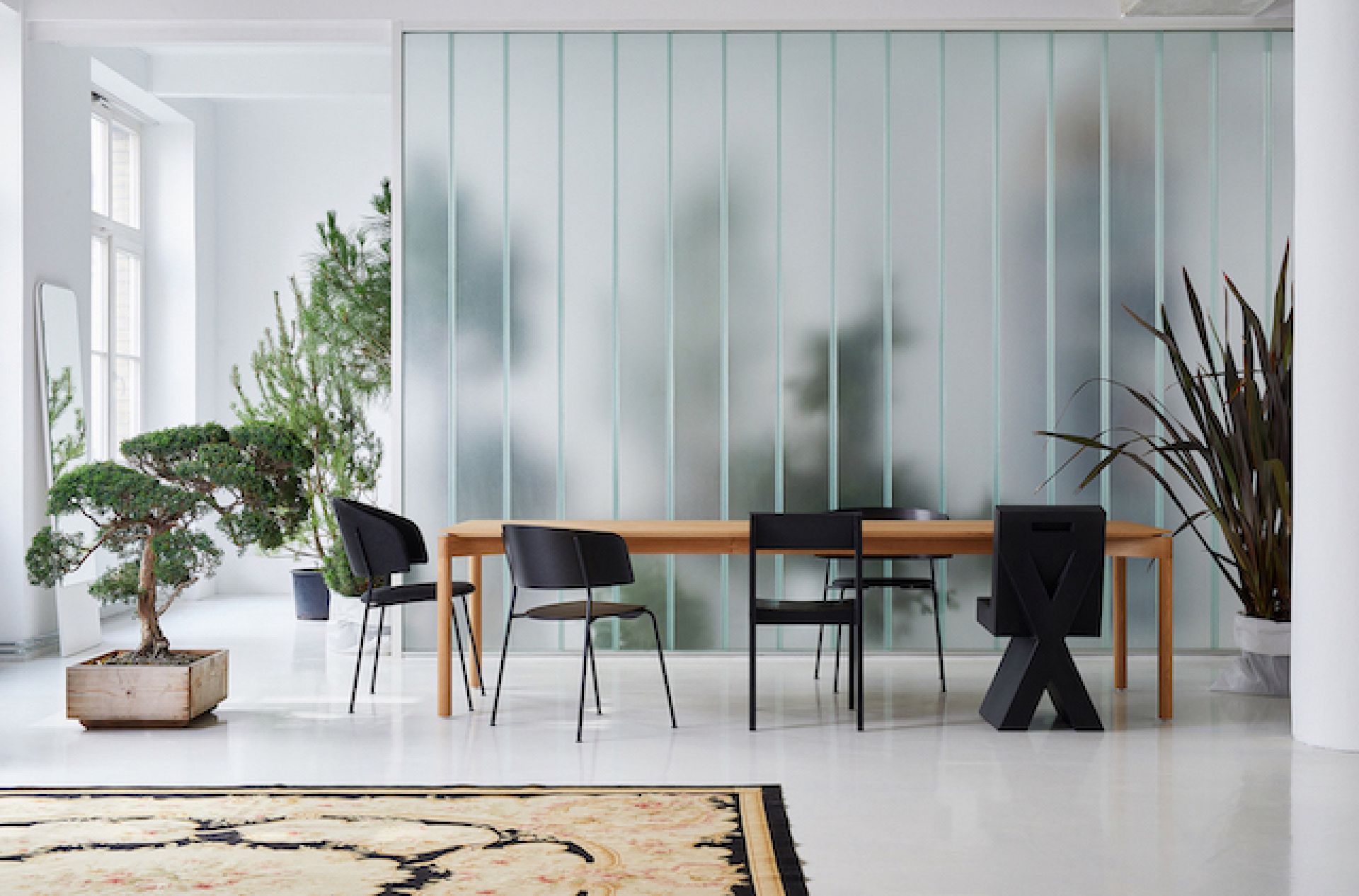 Esszimmer mit Holztisch und schwarzen Designstühlen, minimalistisch und modern eingerichtet mit Pflanzen.