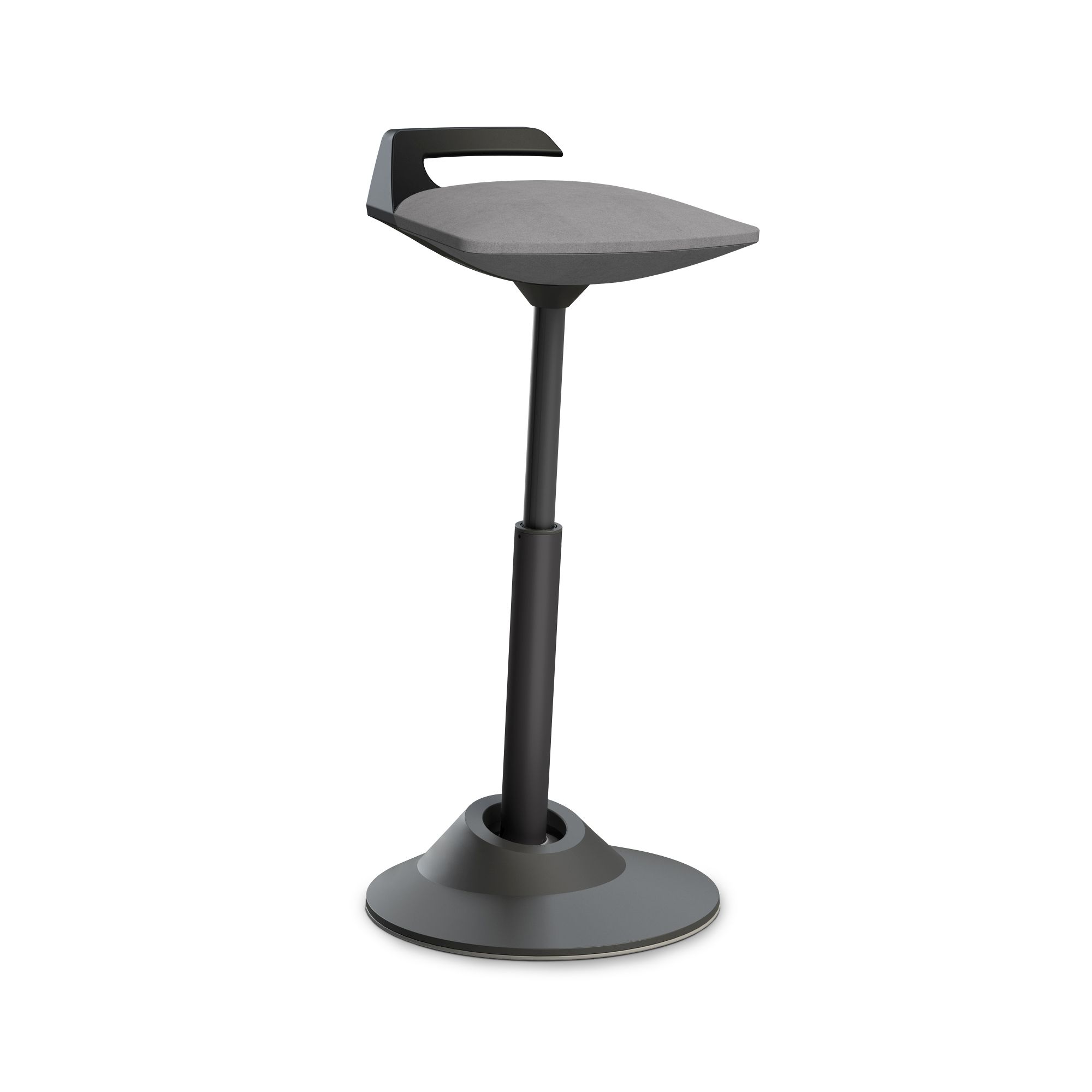 Grauer, ergonomischer Stehhocker mit Rückenlehne für Büro und Homeoffice, höhenverstellbar und modern.
