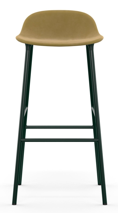 Normann Copenhagen Form Barhocker, gepolsterter Sitz in Beige, Stahlgestell in Dunkelgrün, moderne Barstühle für Küche und Bar.