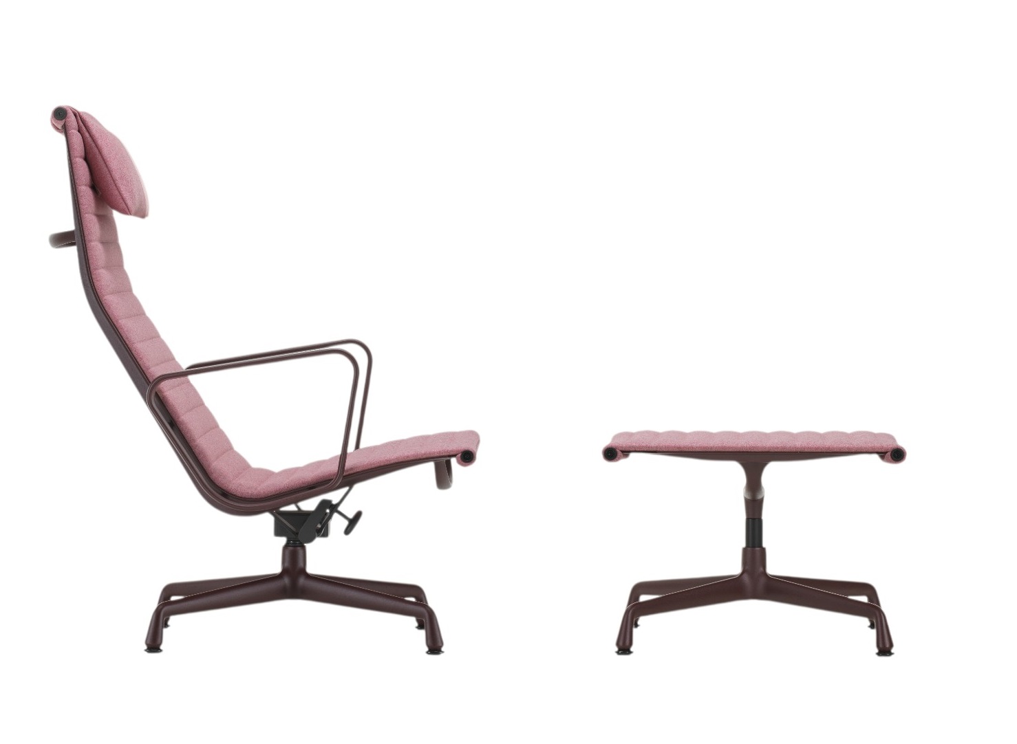 Vitra Aluminium Chair EA 125 mit Hocker, rosafarbene Stoffpolsterung und braunem Aluminiumgestell.