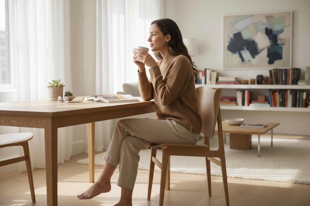 Frau sitzt entspannt auf einem hellen Holzstuhl, vermutlich ein NORR11 Elephant Dining Chair, mit einer Tasse Kaffee.