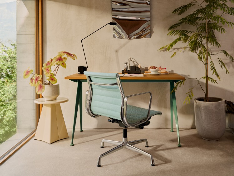 Nahaufnahme eines Büros mit Vitra Bürostuhl, Schreibtisch, Tischleuchte und Pflanzen für eine moderne Arbeitsumgebung.