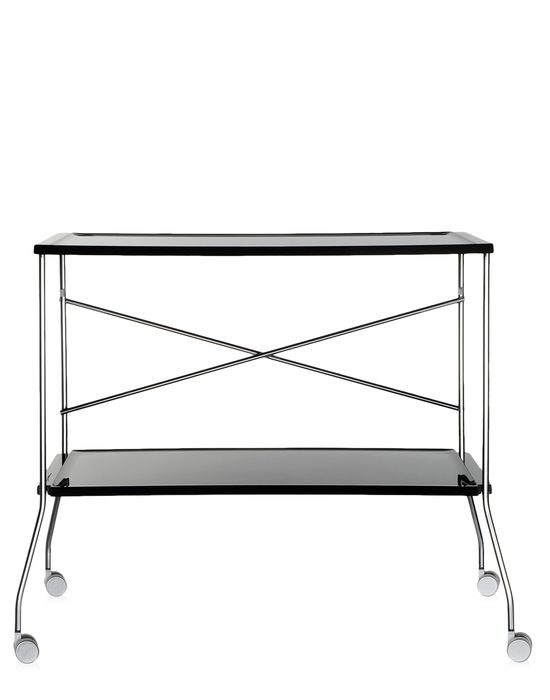 Schwarzer Flip Rollwagen von Kartell mit zwei Ablageflächen und Chromgestell auf weißem Hintergrund.