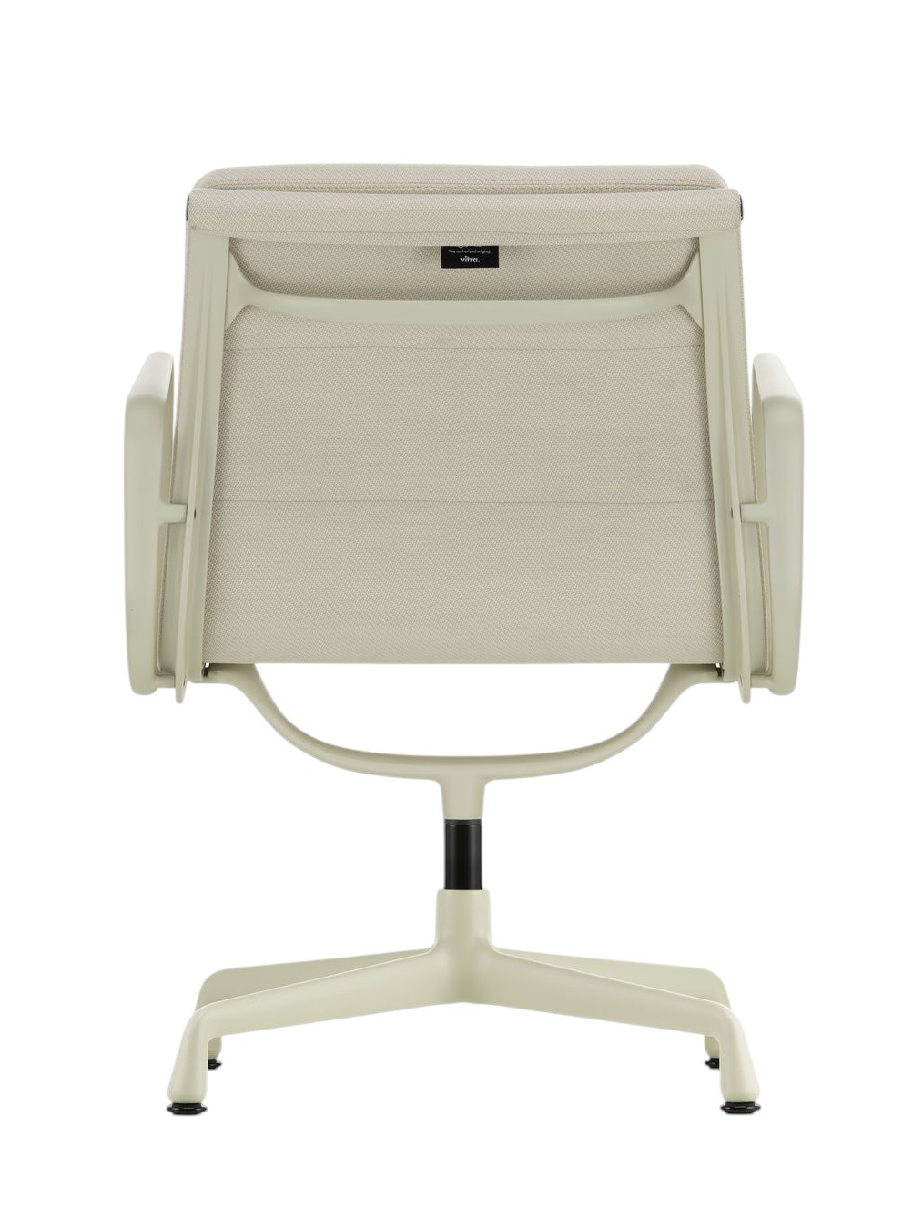 Rückansicht des Soft Pad Chair EA 208 von Vitra in hellem Stoffbezug und Aluminiumgestell.