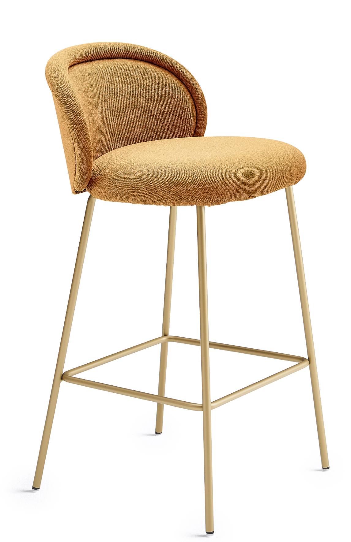Ona Counterstool Barhocker von Freifrau Manufaktur in Senfgelb mit goldenem Metallgestell, modernes Küchendesign.