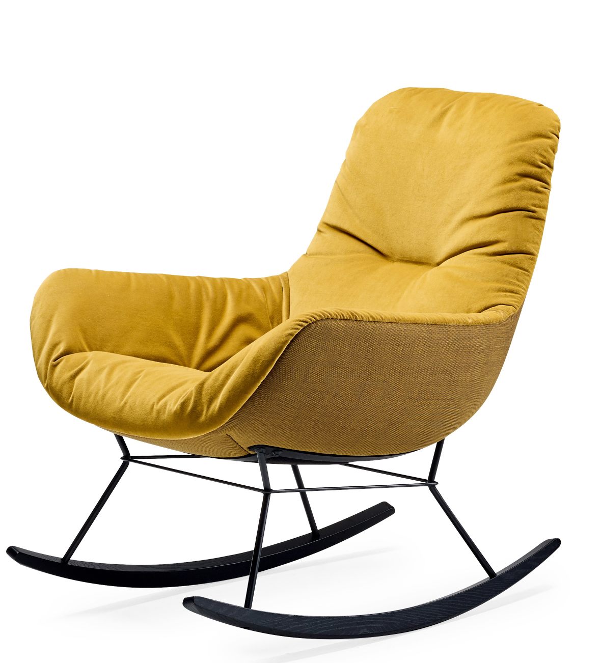 Freifrau Leya Rocking Lounge Chair Schaukelsessel in Gelb mit schwarzem Metallgestell und Holzschaukeln.