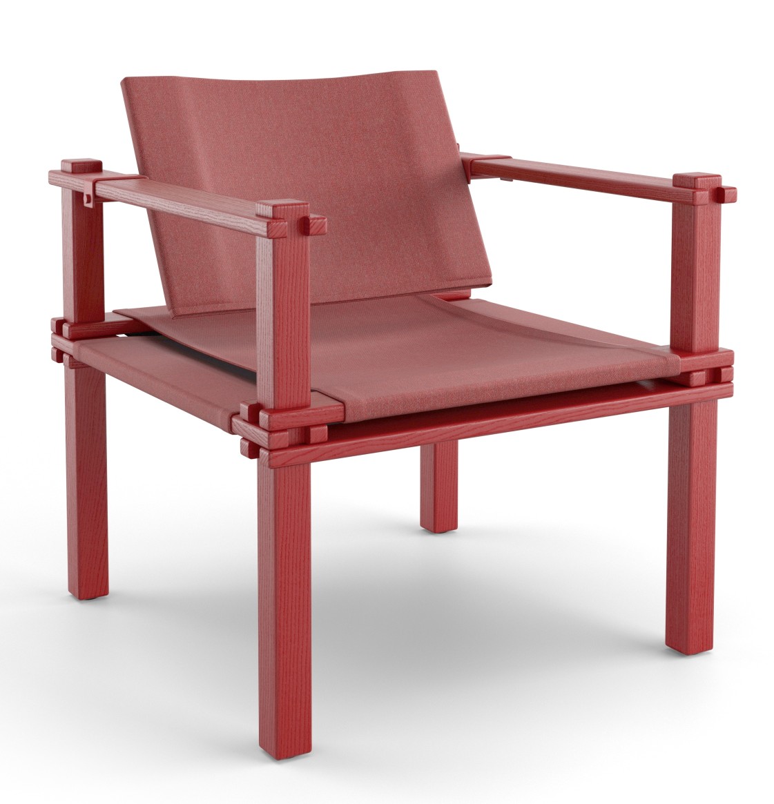 Roter Farmer Sessel Outdoor Cor aus Holz und Stoff, moderne Gartenmöbel für den Außenbereich.